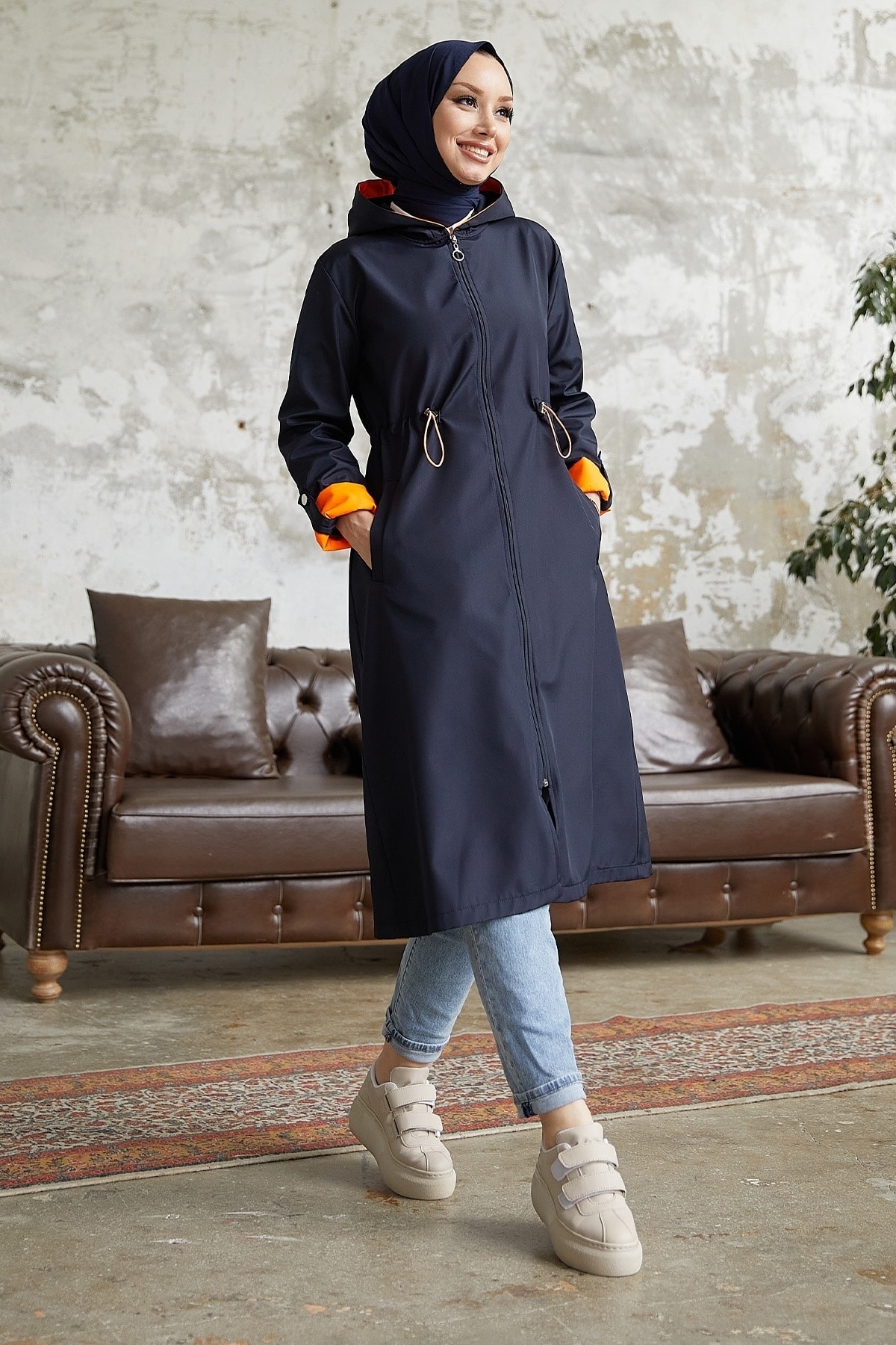 InStyle Hooded Neon Trench with Pleated Waist - Navy Blue \ Orange