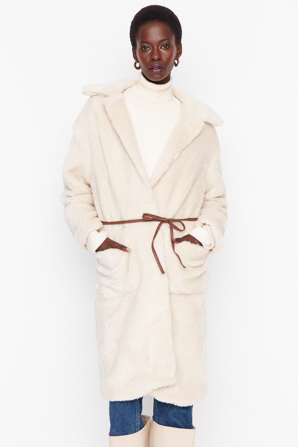 Trendyol Oversized Ecru Plush Coat with Lacing Detail