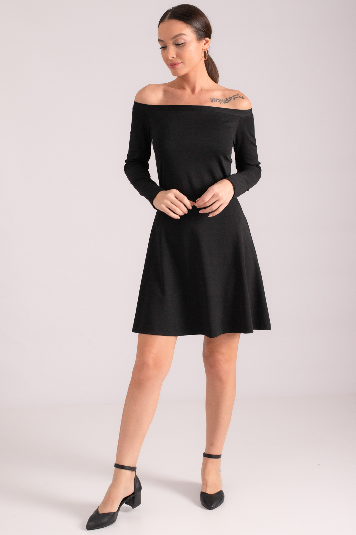 armonika Women's Black Carmen Collar Long Sleeve Flared Mini Dress
