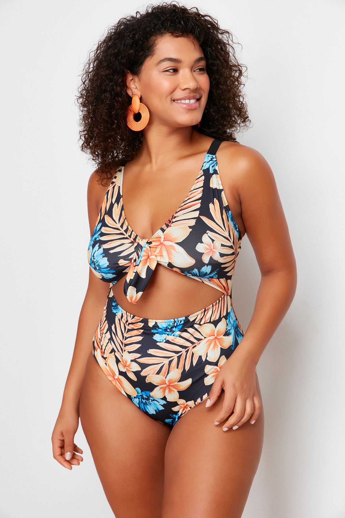 Trendyol Curve Blue Deep V Cut Out Tie Detail Floral Patterned Plus Size Swimsuit