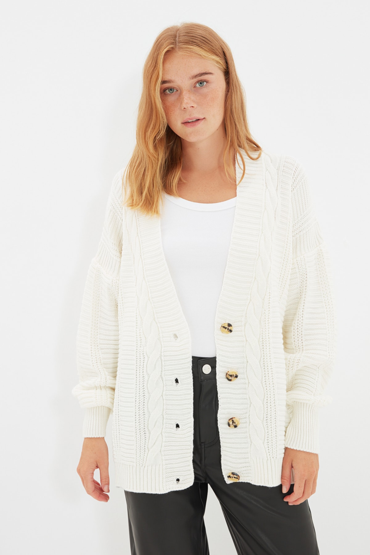 Trendyol Ecru Oversize Knit Detailed Knitwear Cardigan 