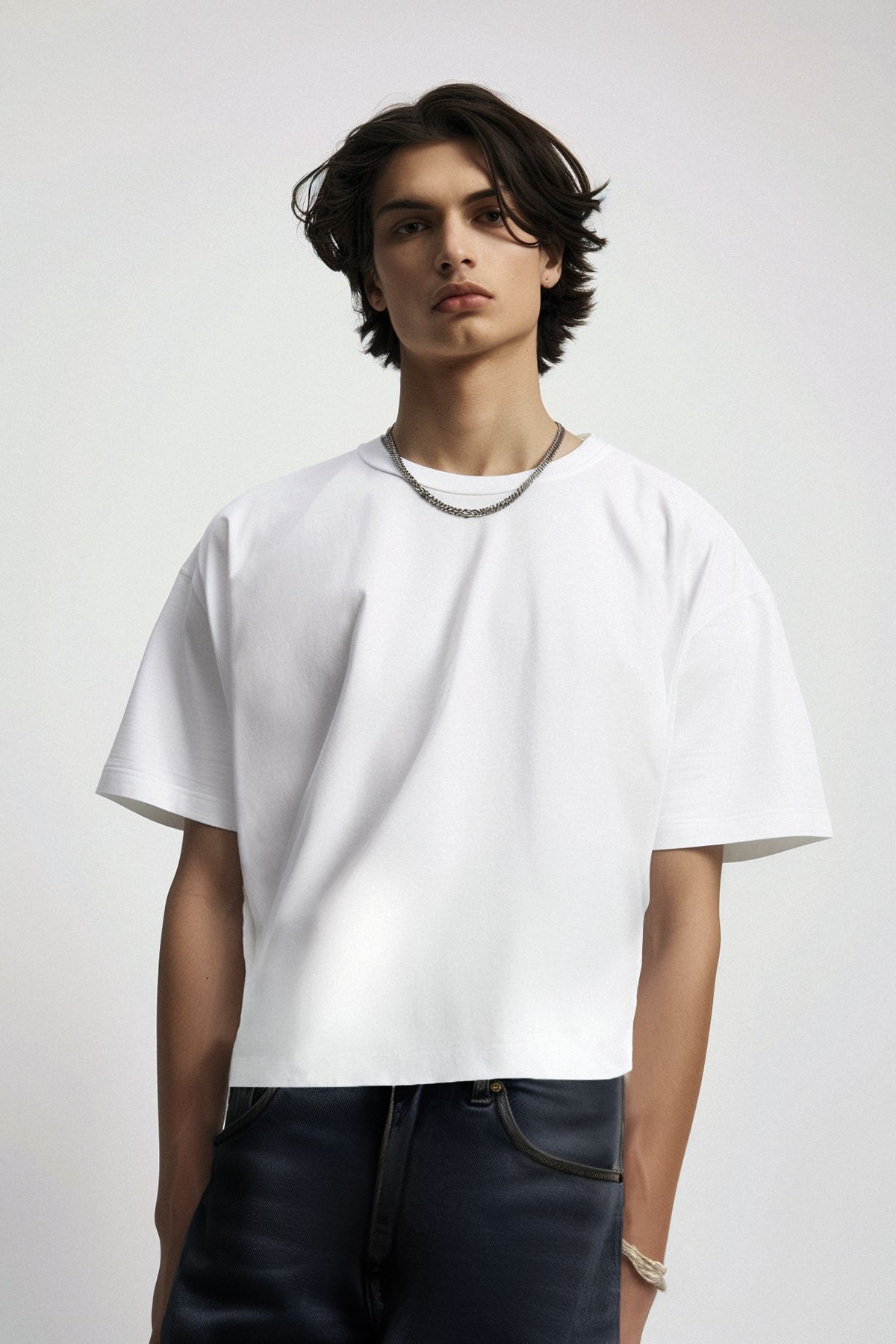 Trendyol Ecru Men's Oversize Square Cut Low Shoulder 100% Cotton Basic T-Shirt