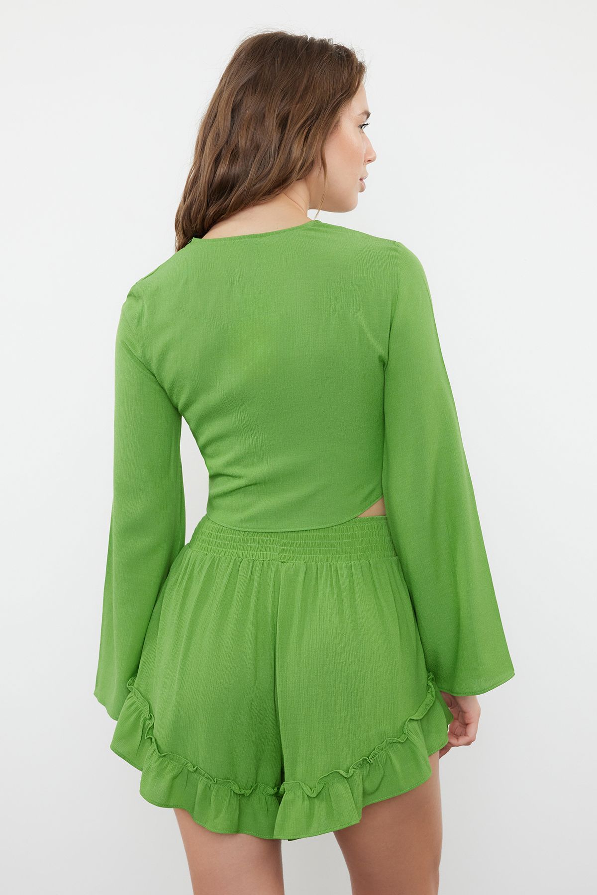 Trendyol Green Woven Ruffle Blouse Shorts Set