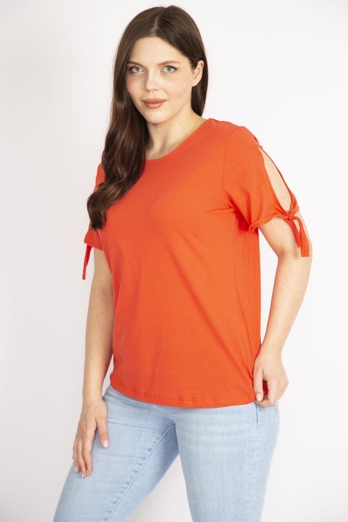 Levně Şans Women's Pomegranate Plus Size Cotton Fabric Sleeve Laced Blouse