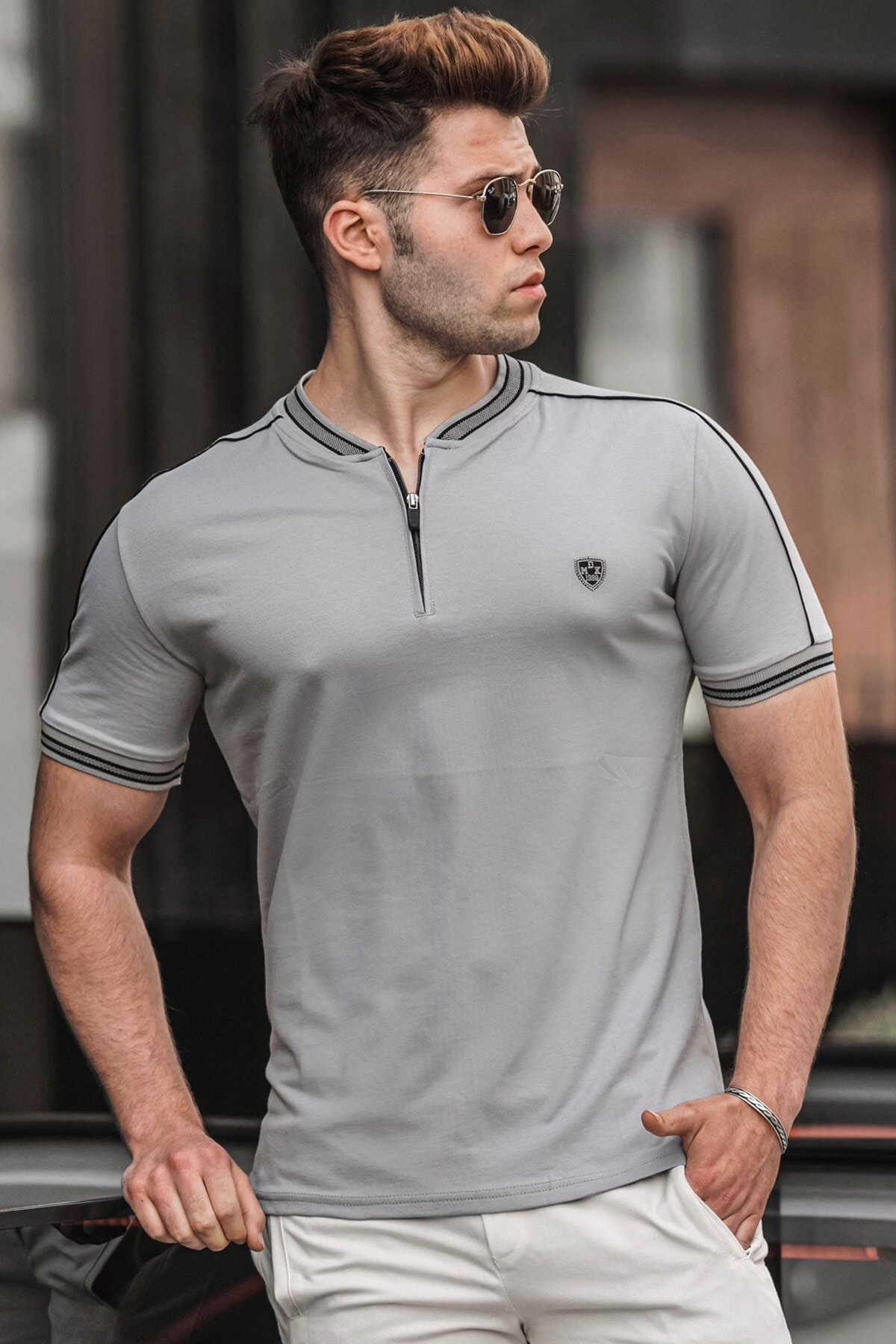 Levně Madmext Gray Polo Collar Men's T-Shirt 9281