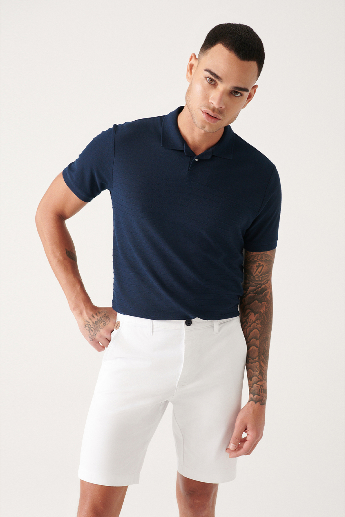 Avva Men's Navy Blue 100% Cotton Jacquard Polo Neck Regular Fit T-shirt