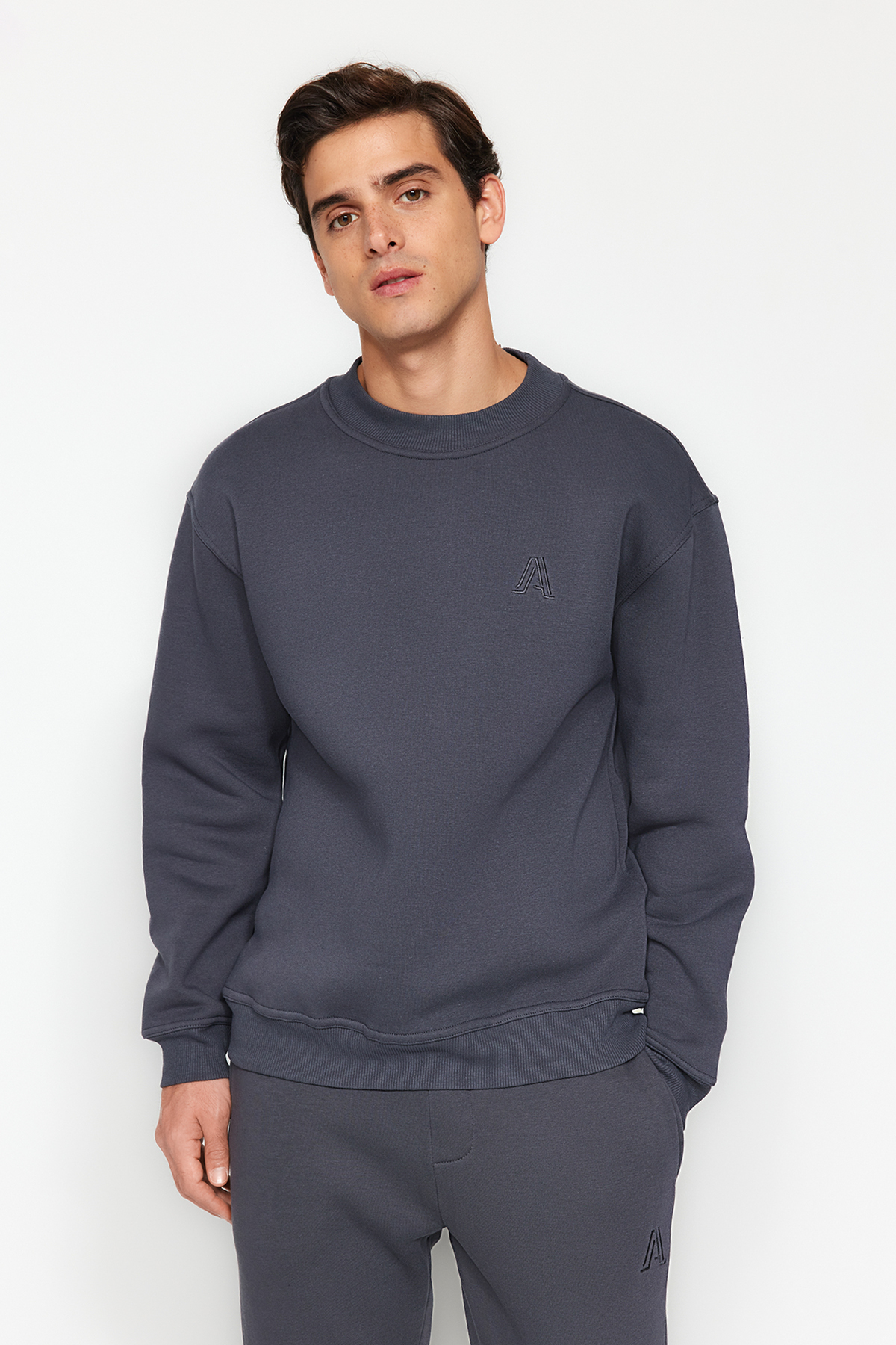 Trendyol Anthracite Oversize/Wide Cut Half Turtleneck Letter Embroidered Sweatshirt