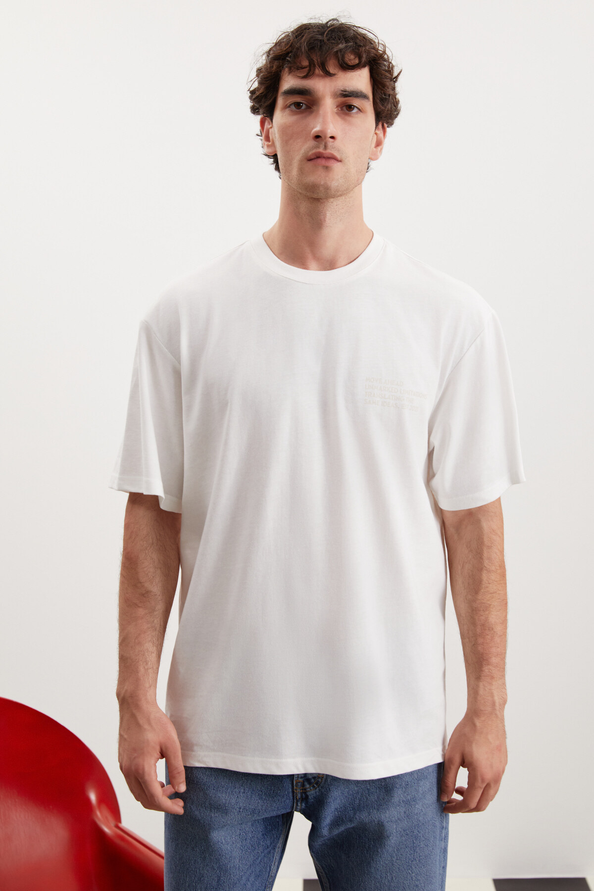 Levně GRIMELANGE Darell Men's Oversize Fit 100% Cotton Thick Textured Printed White T-shir