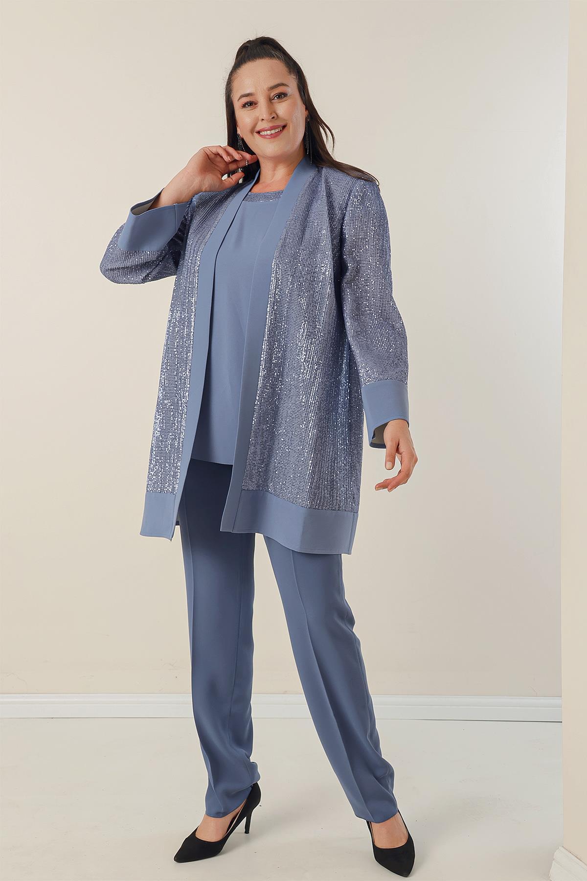 Levně By Saygı Plus Size 3-piece Set with A Jacket, Blouse and Pants with sequin Detail.