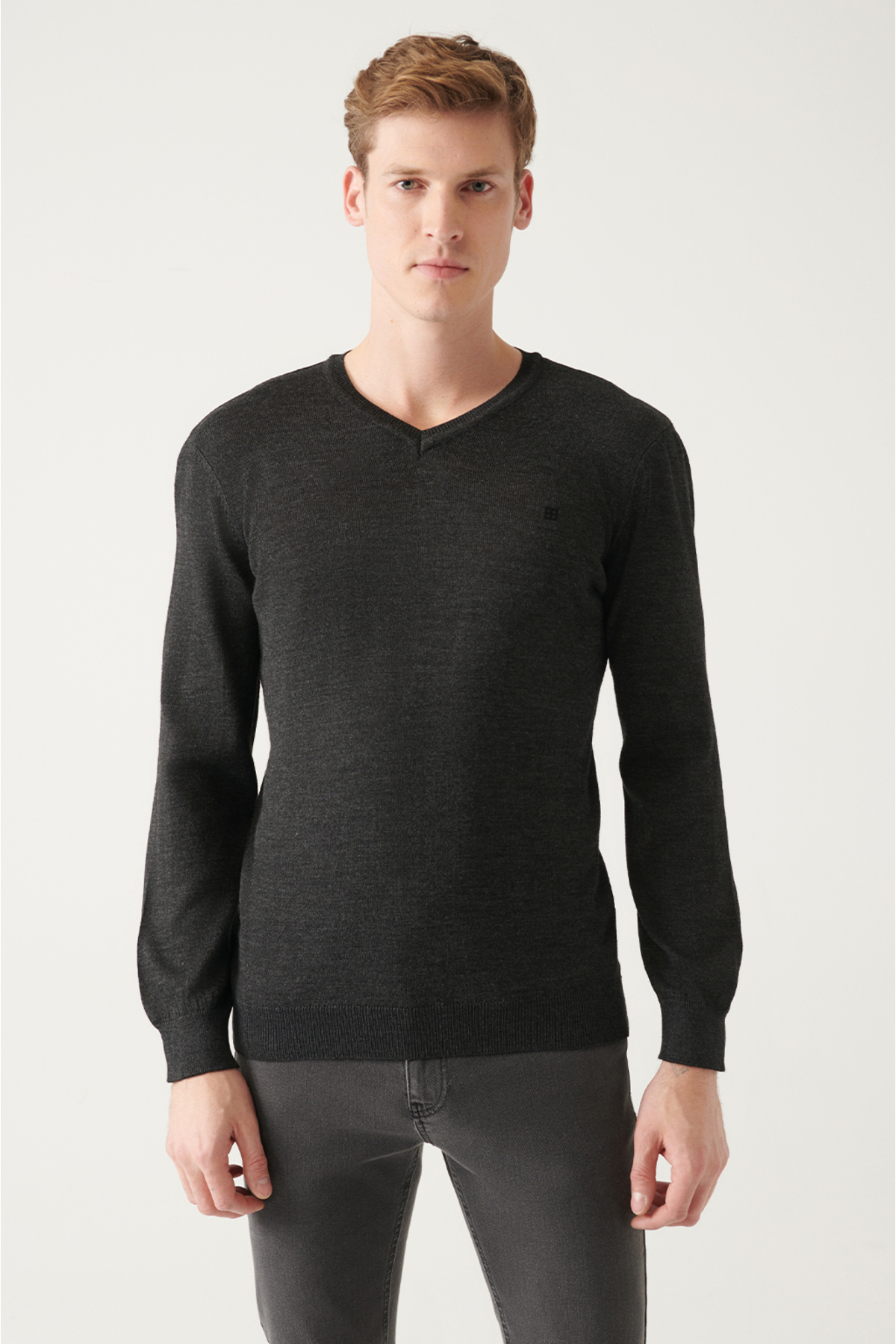 Avva Men's Anthracite V Neck Wool Blended Standard Fit Regular Cut Knitwear Sweater