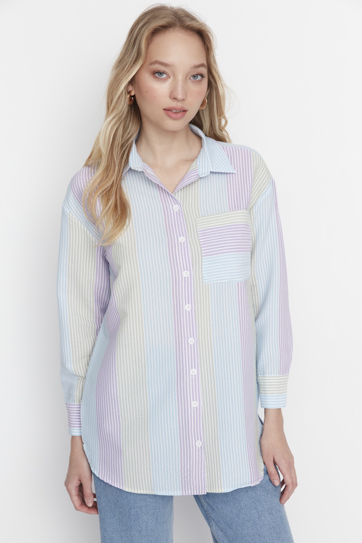 Levně Trendyol Lilac Striped Woven Shirt