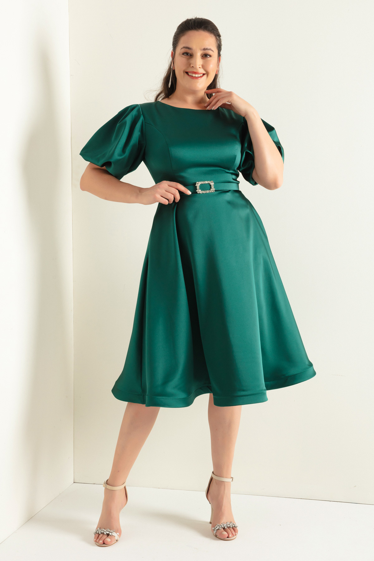 Lafaba Women's Emerald Green Balloon Sleeves Stony Belt Plus Size Satin Evening Dress