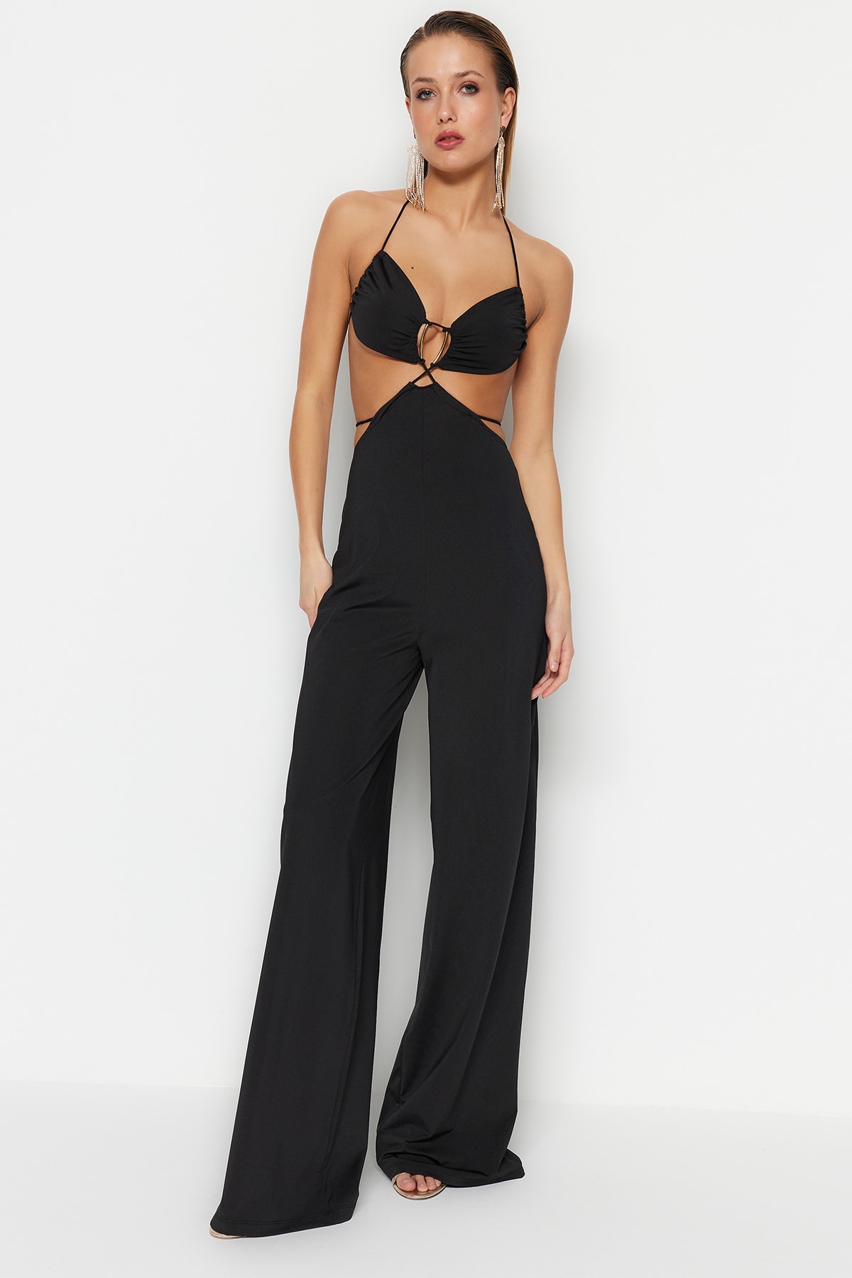 Levně Trendyol Black Lined Knitted Jumpsuit with Window/Cut Out Detail, biased