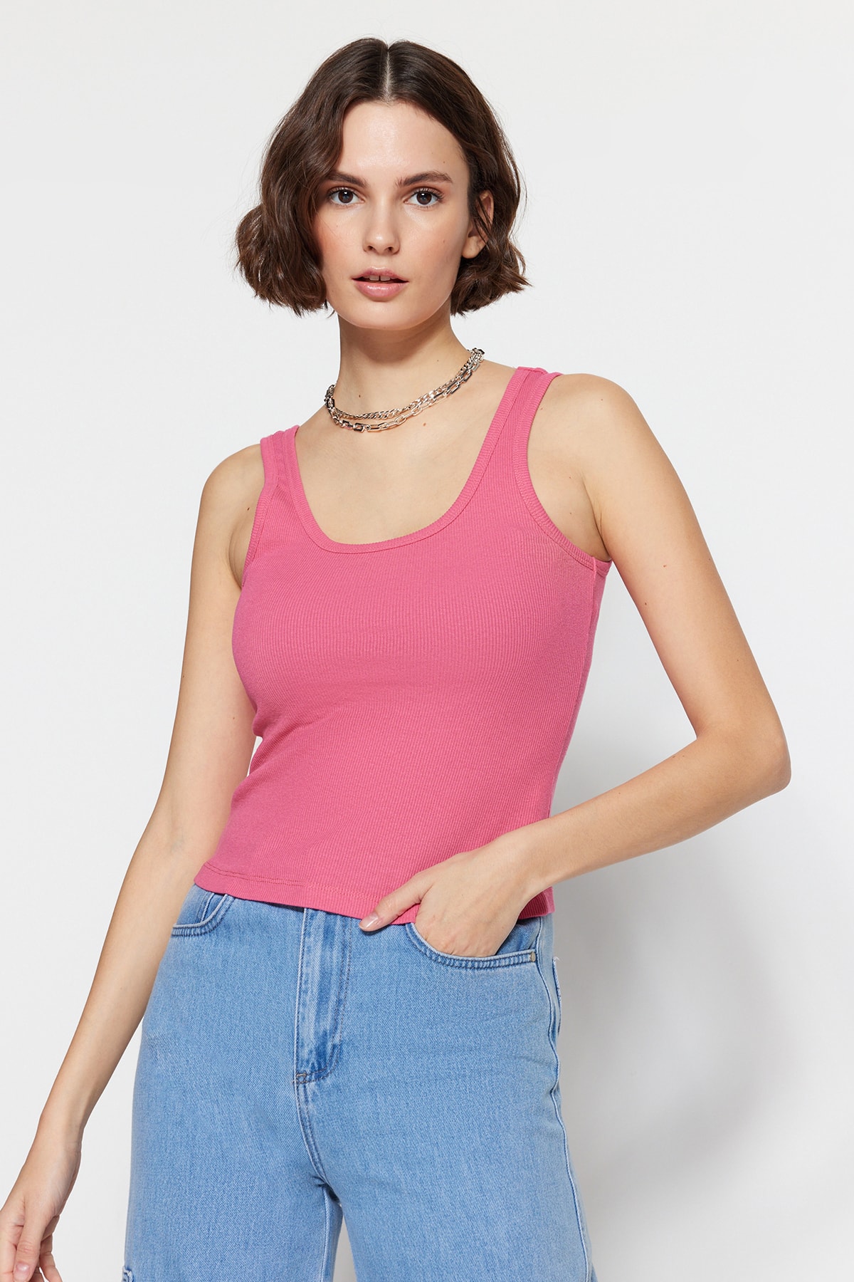 Trendyol Pink Fitted/Slee-fitting, Pool Collar Corduroy Knitted Tank Top