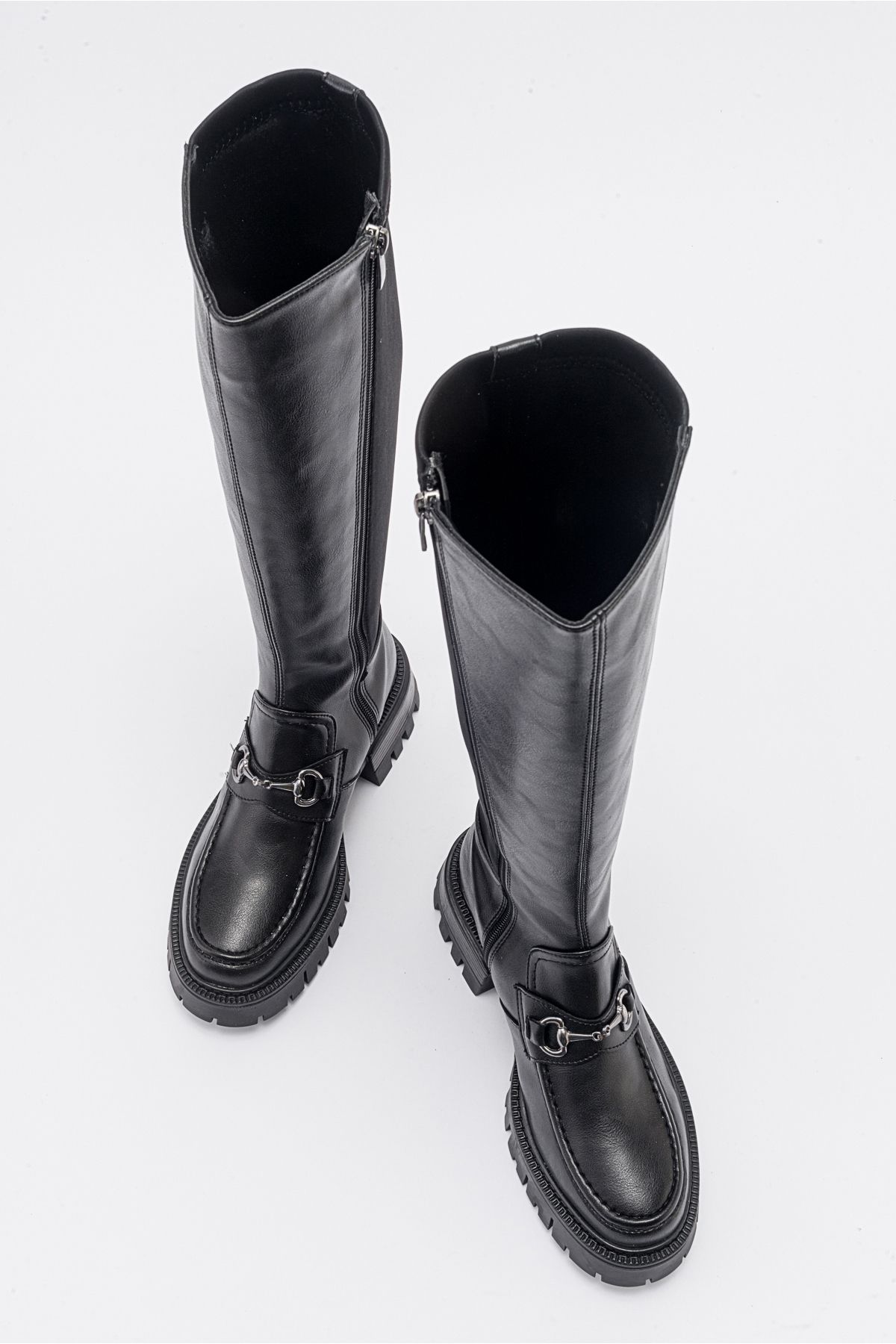 LuviShoes CHAPEL Women's Black Skin Buckle Stretch Detail Women's Boots