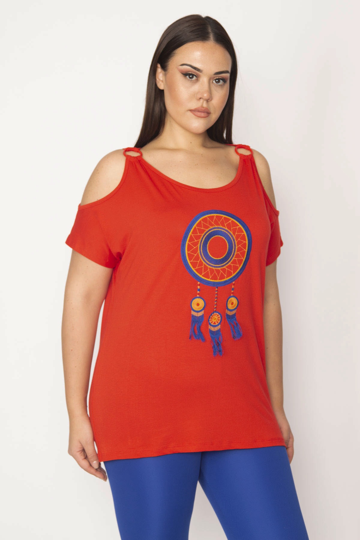 Şans Women's Plus Size Red Embroidery Detailed Decollete Viscose Blouse