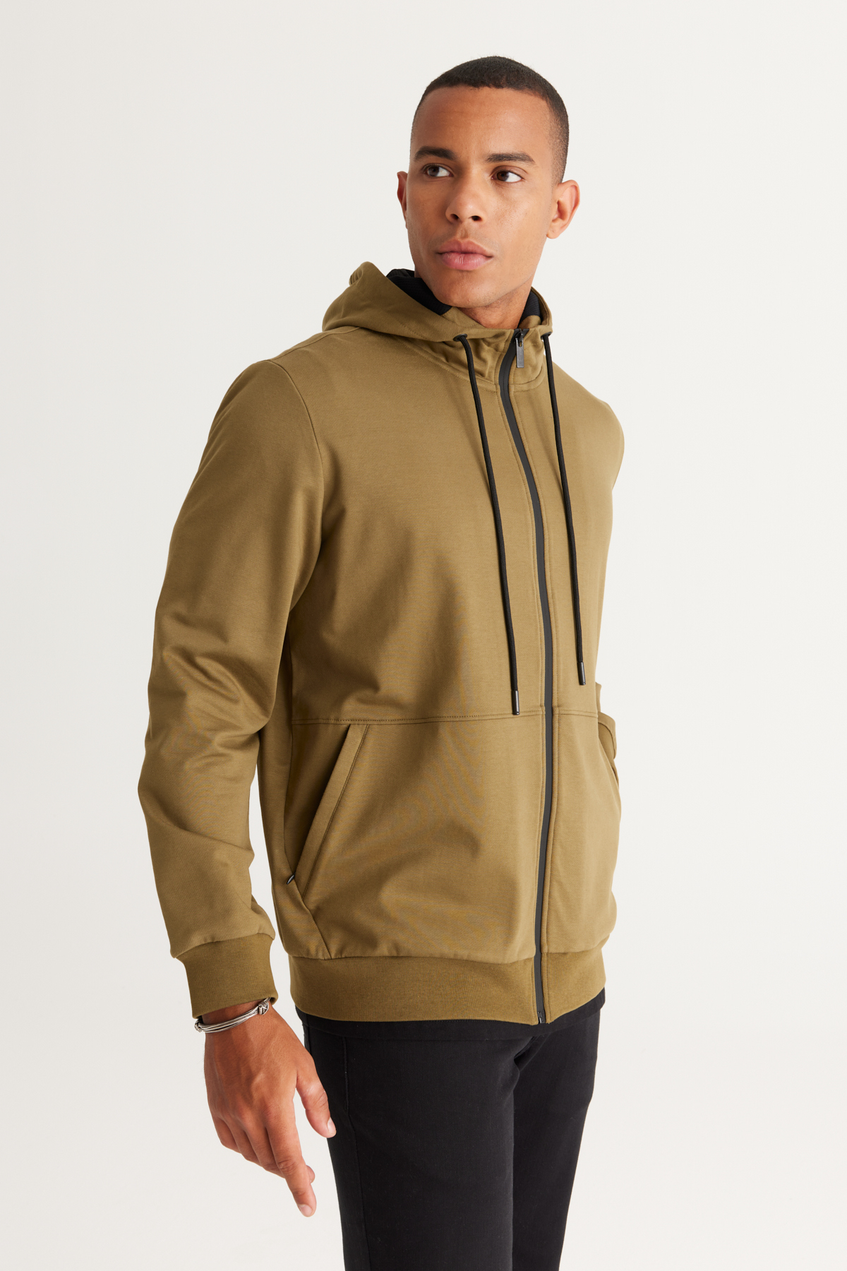 ALTINYILDIZ CLASSICS Men's Khaki Standard Fit Regular Fit Hooded Zipper Sweatshirt Jacket