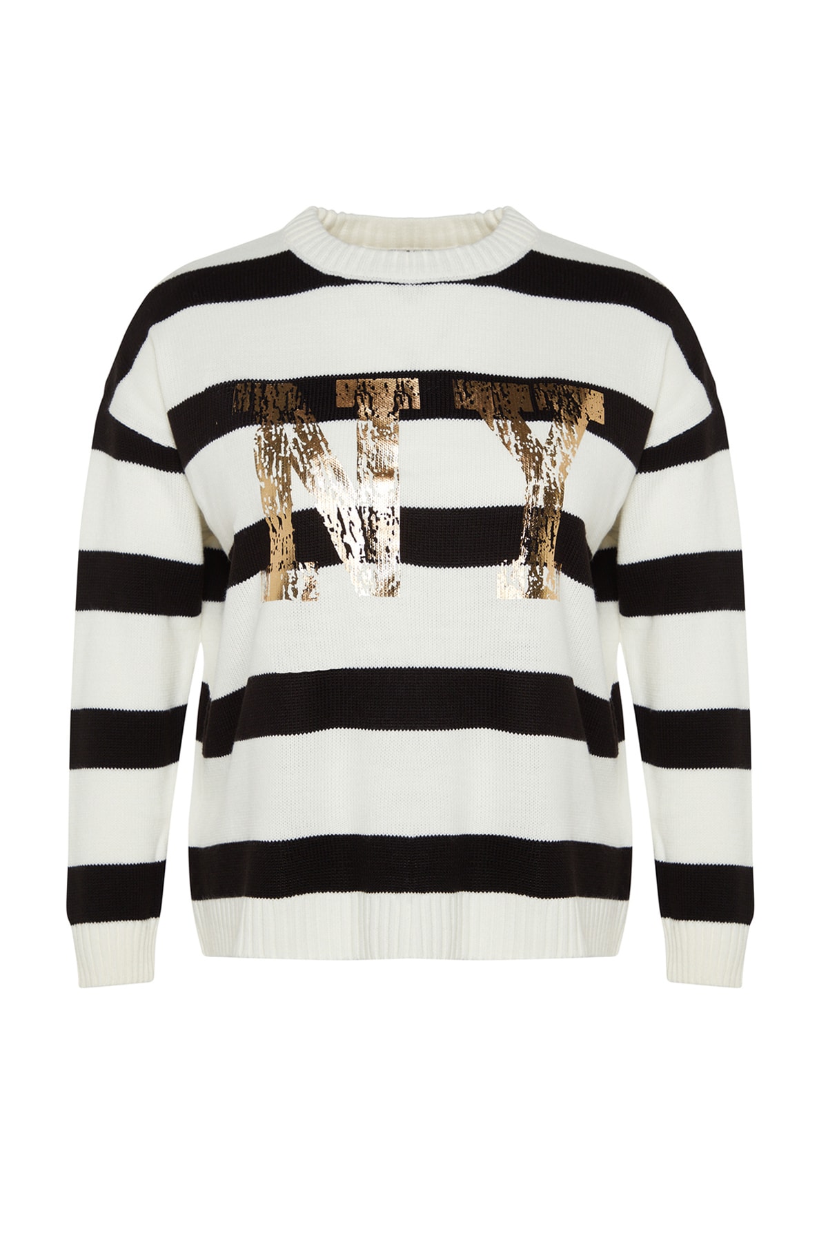 Trendyol Curve Black Striped Foil Printed Knitwear Sweater