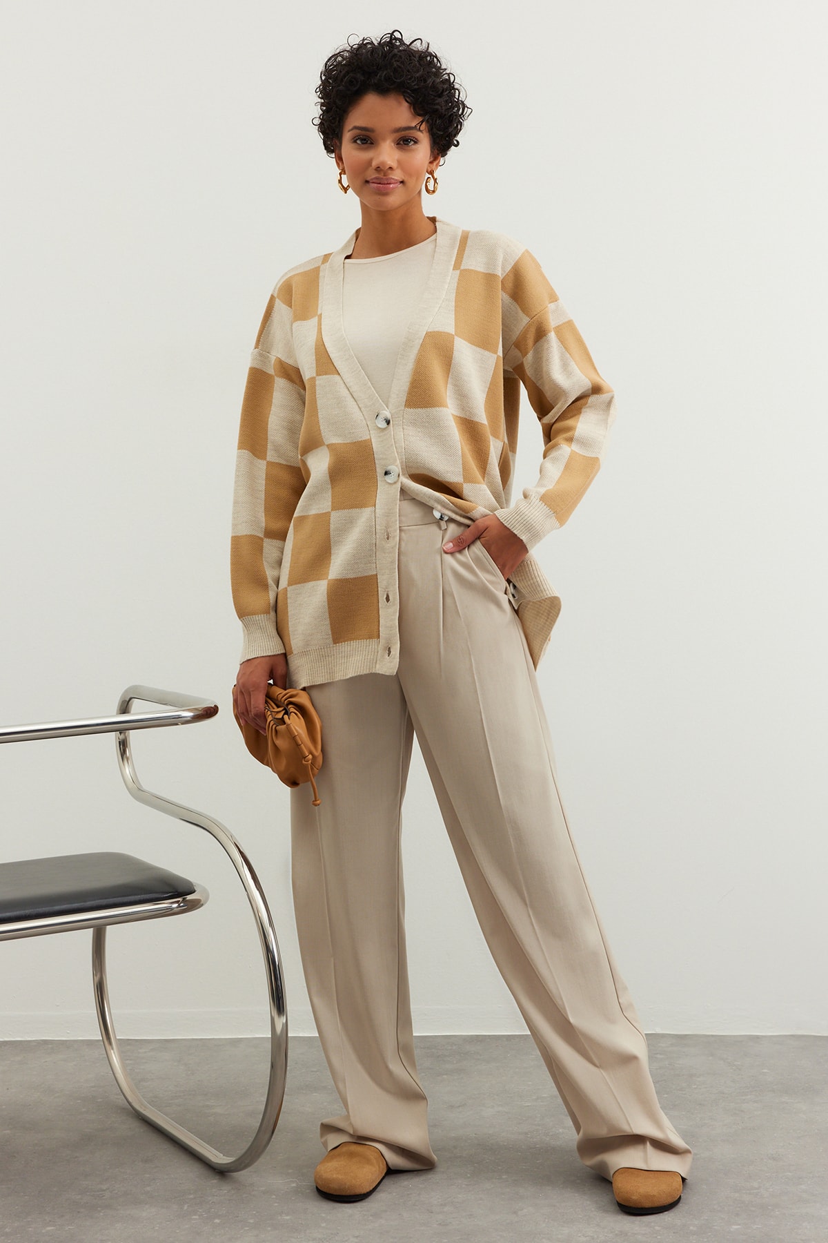 Trendyol Stone Checkers Pattern Knitwear Cardigan