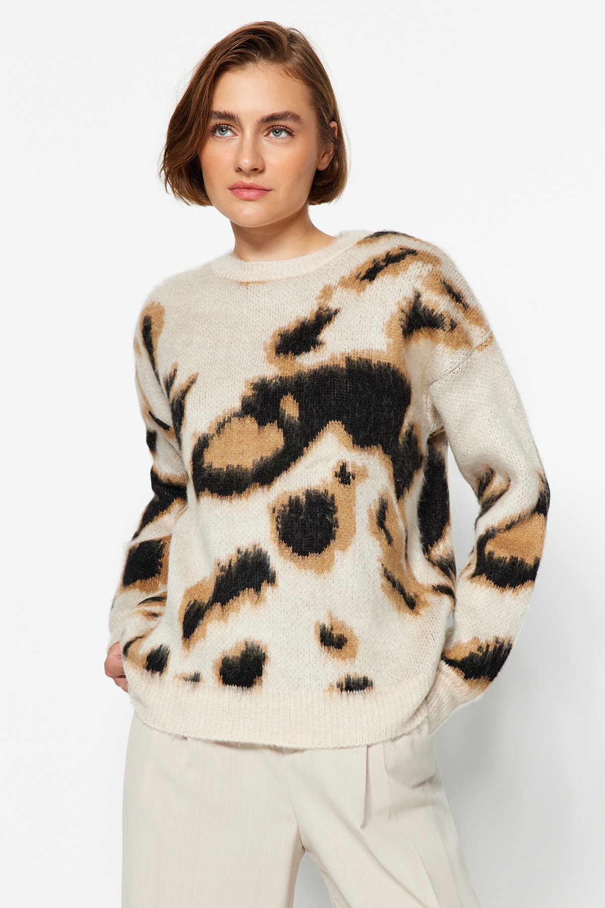 Trendyol Stone Soft Texture Patterned Knitwear Sweater