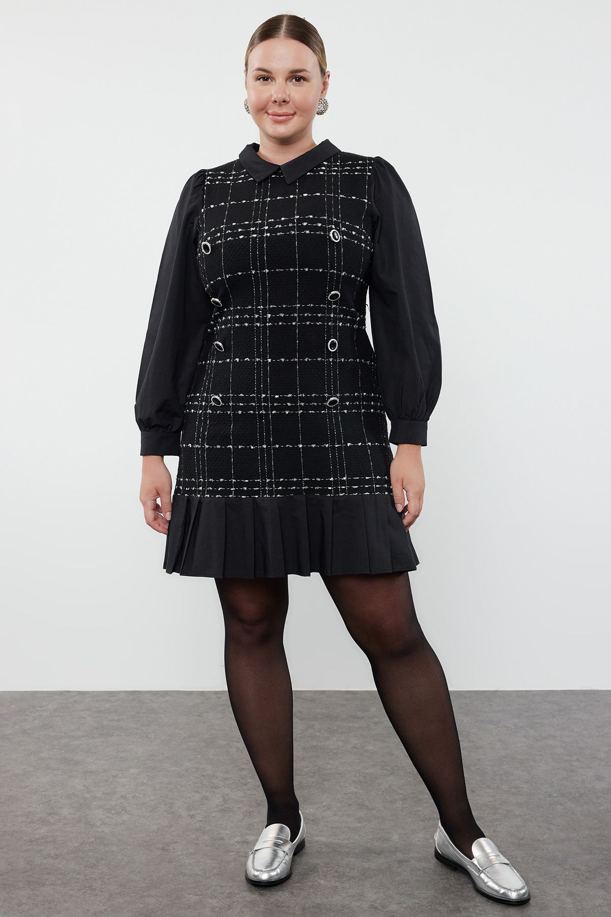 Trendyol Curve Black Shirt Collar Plaid-Checked Mini Tweed Dress