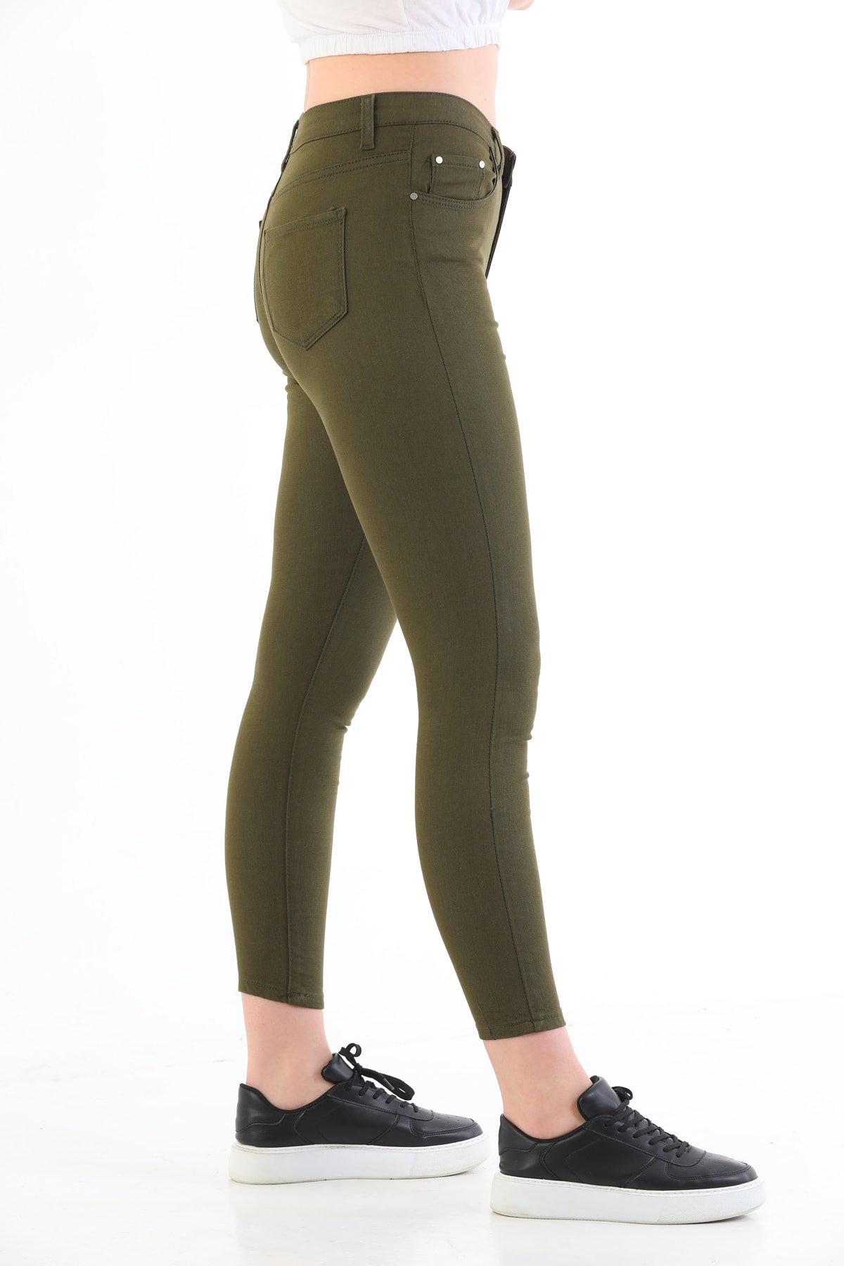 Levně BİKELİFE Khaki Plus Size High Waist Lycra Gabardine Trousers