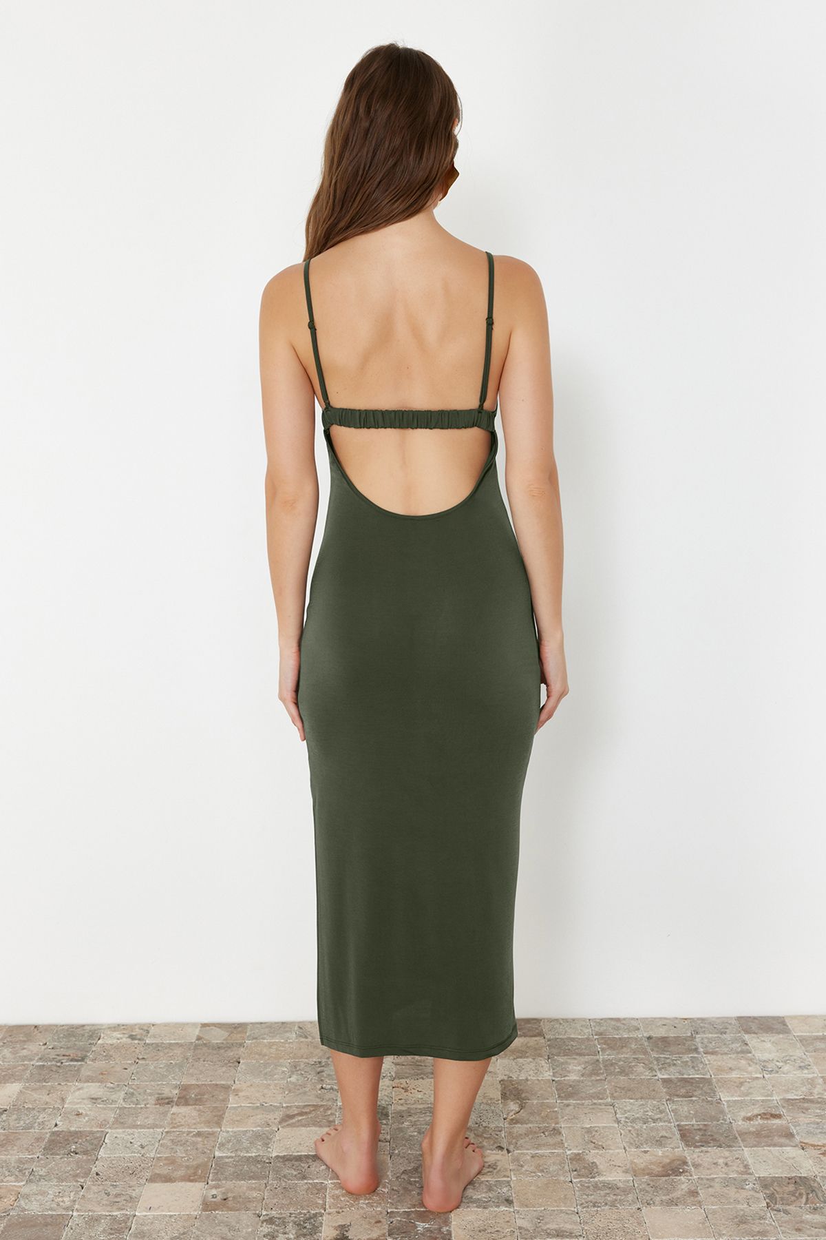 Trendyol Khaki Fitted Maxi Knitted Backless Beach Dress