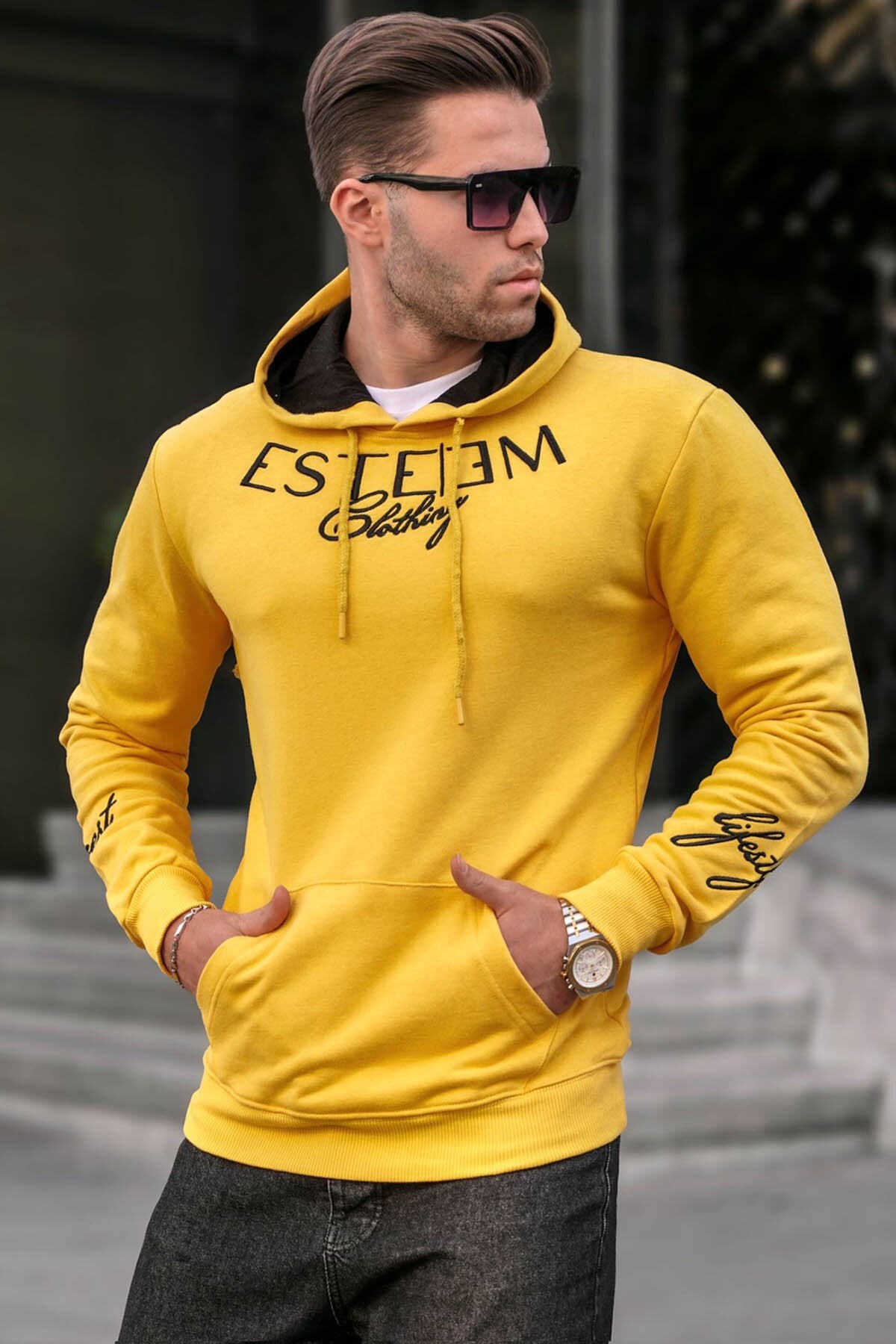 Levně Madmext Men's Yellow Printed Hoodie Sweatshirt 4402