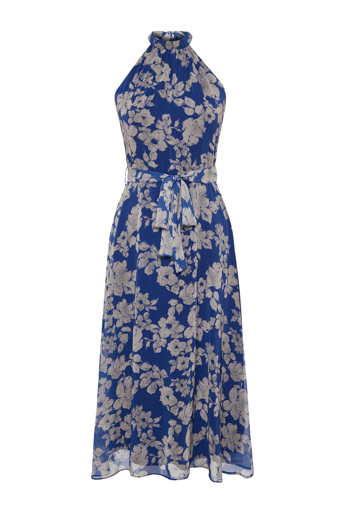 Trendyol Navy Blue Floral Print Belted A-line Halter Neck Sleeveless Midi Lined Woven Dress