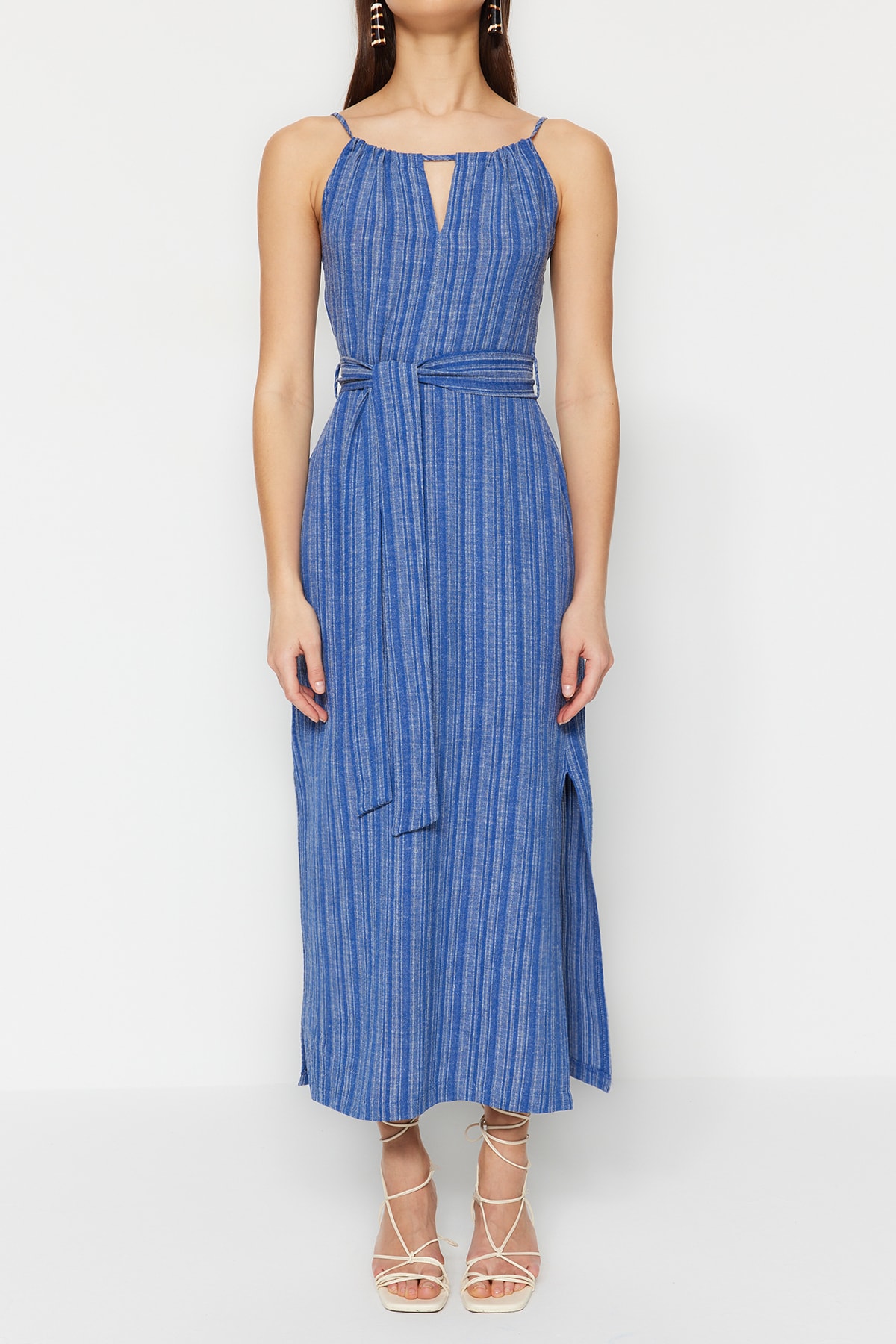 Trendyol Indigo Belted Straight Cut Slit Detailed Midi Woven Dress