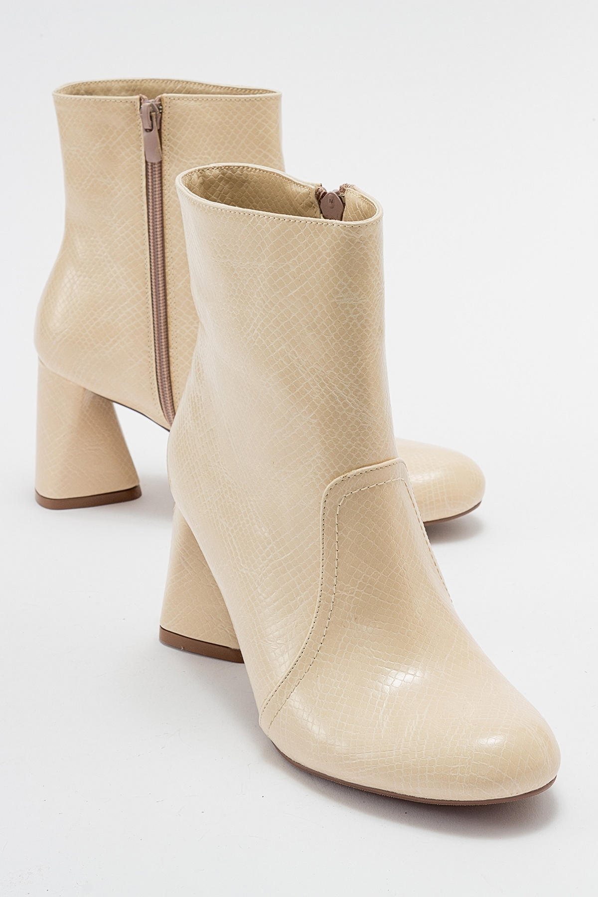 LuviShoes MIANO Women's Beige Patterned Heeled Boots.