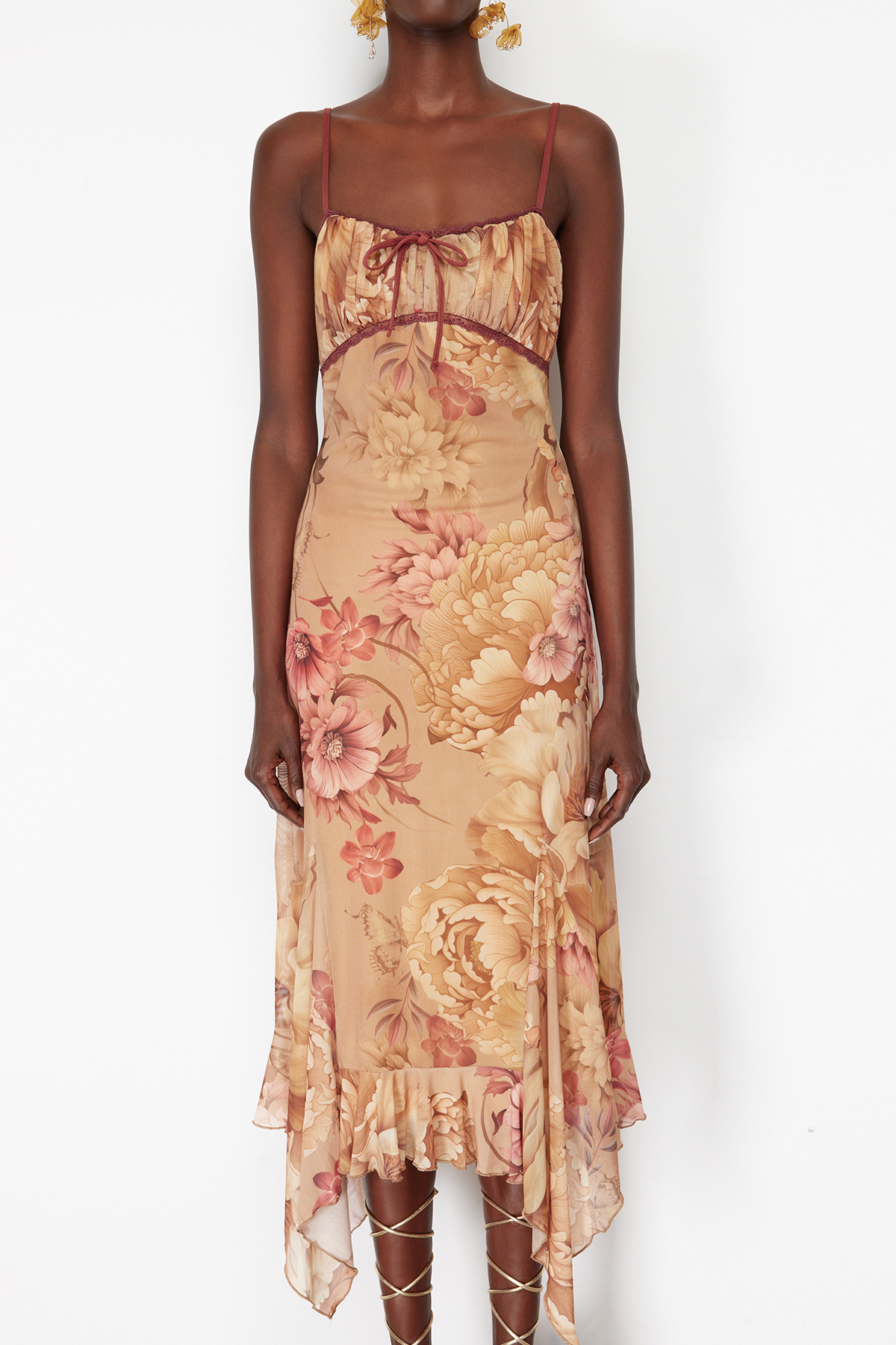 Trendyol Multicolored A-Line Floral Patterned Ruffle Knitted Tulle Dress