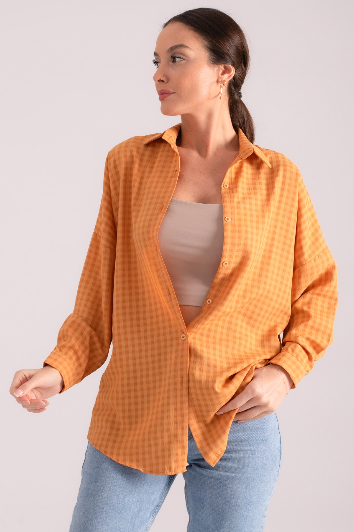 armonika Women's Tan Square Pattern Oversize Long Basic Shirt