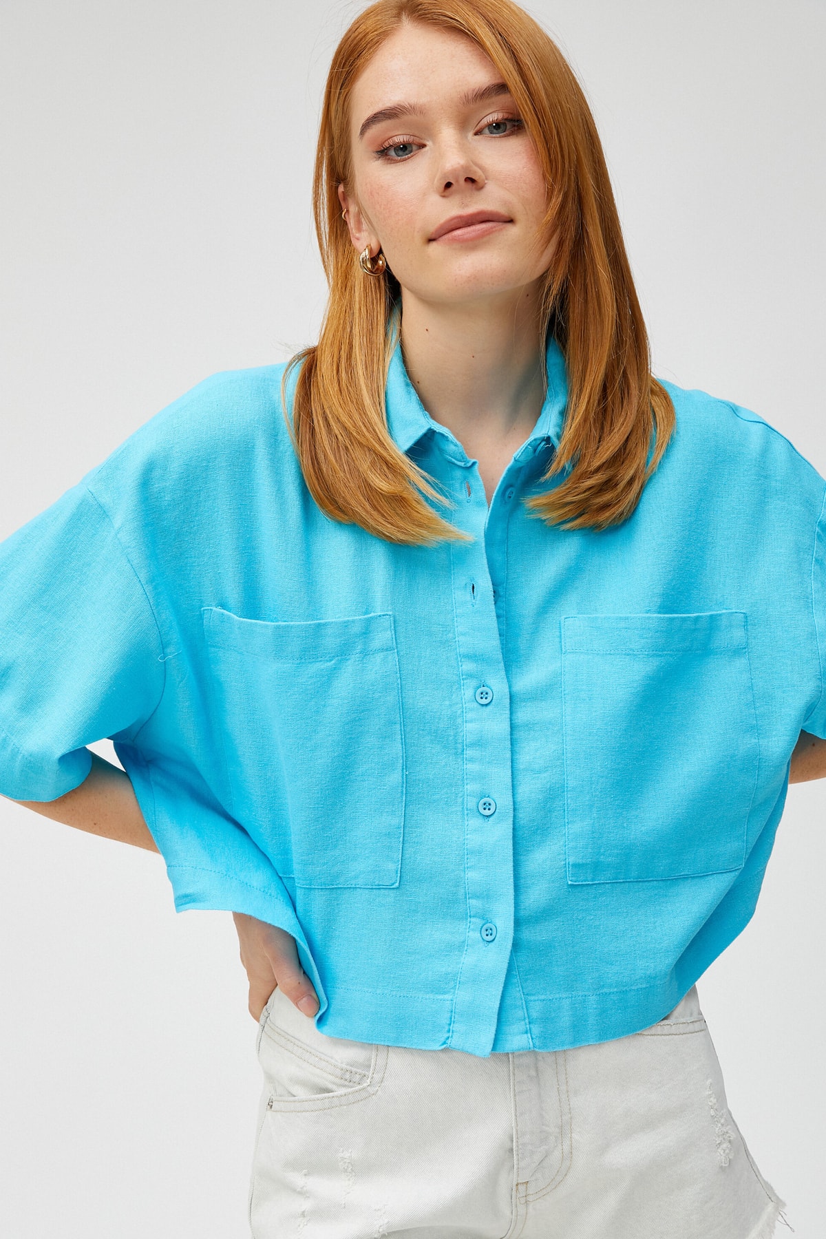 Levně Koton Crop Oversize Shirt Linen Blended With Pocket