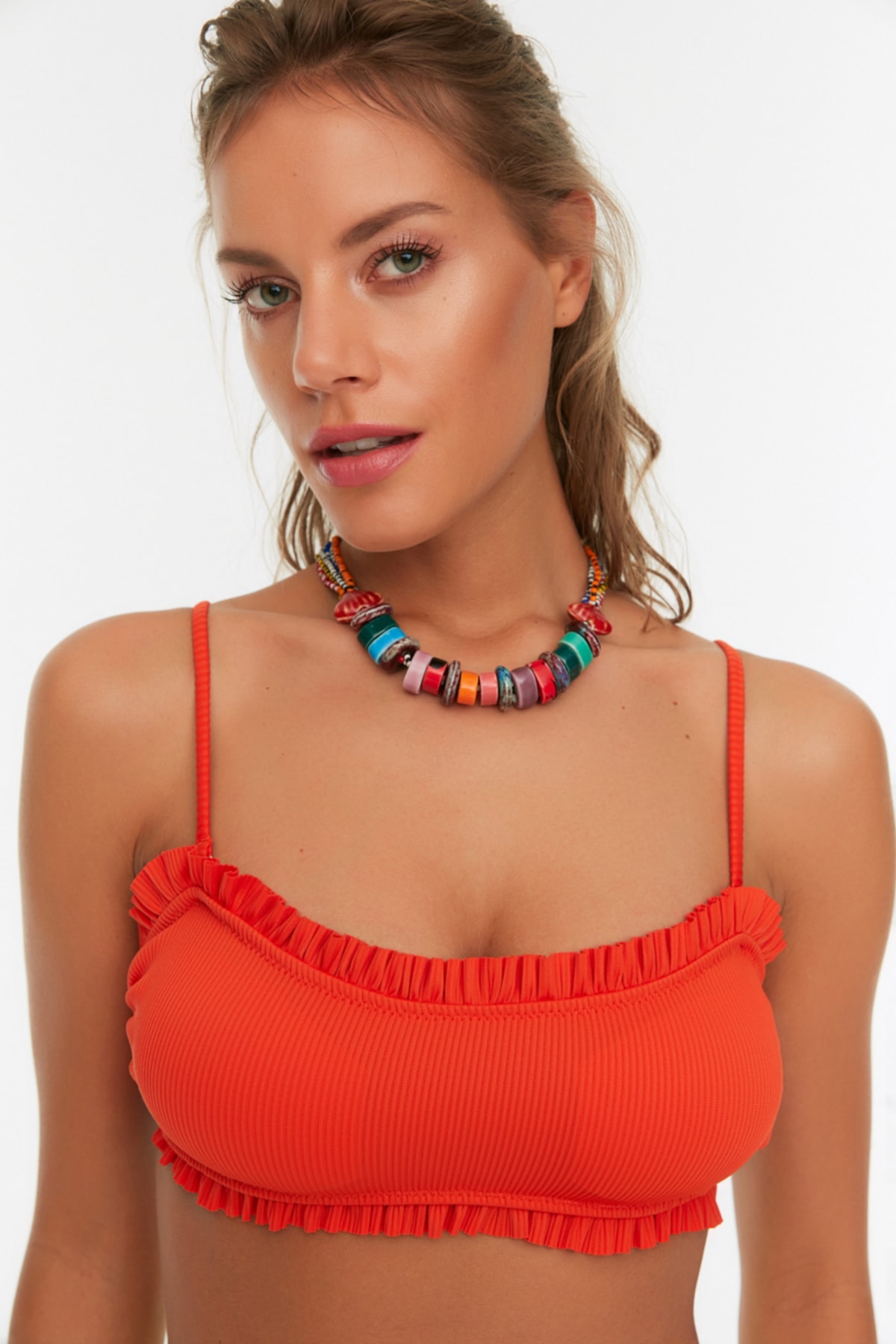 Trendyol Red Textured Frill Detailed Bikini Top