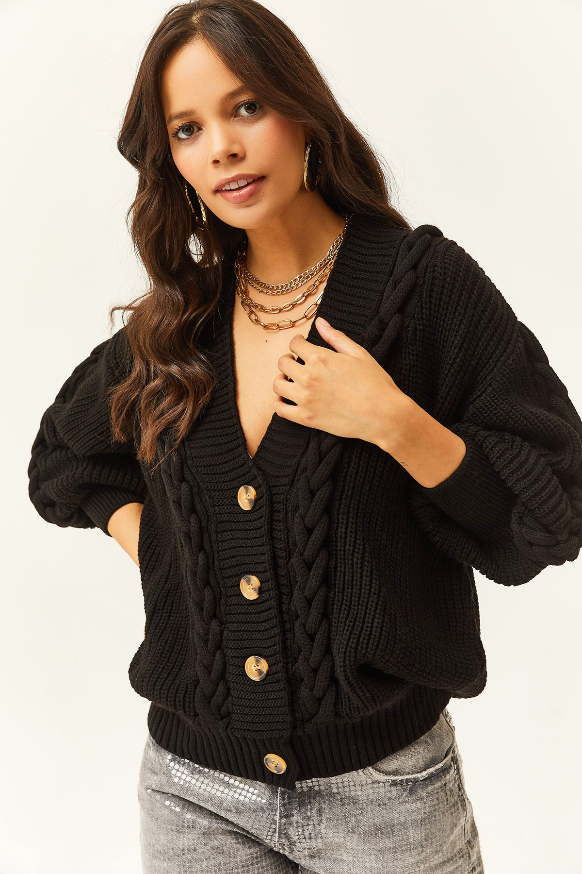 Levně Olalook Women's Black Knitted Detailed Buttoned Knitwear Cardigan