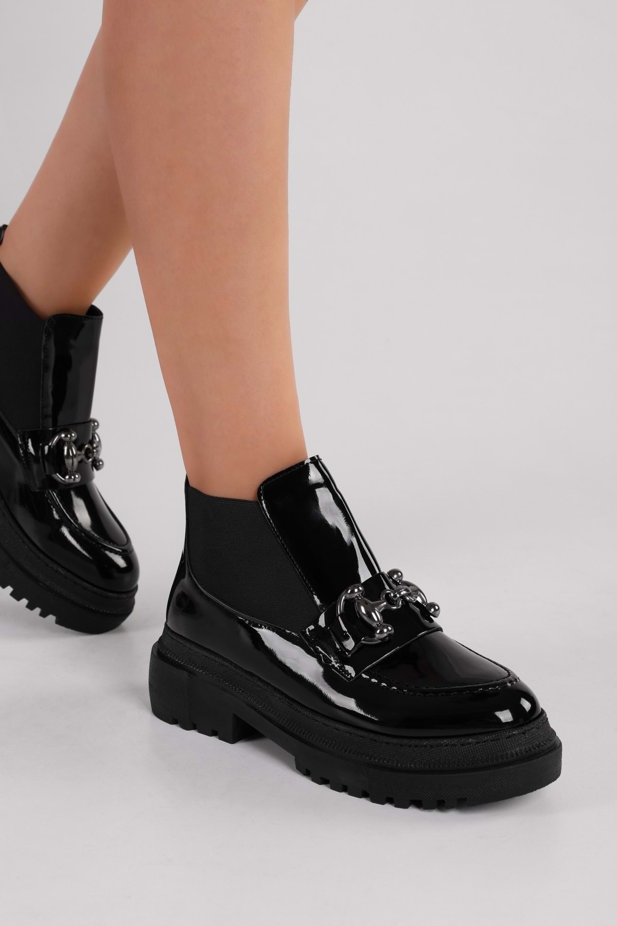 Levně Shoeberry Women's Tastor Black Patent Leather Buckled Boots Loafer Black Patent Leather