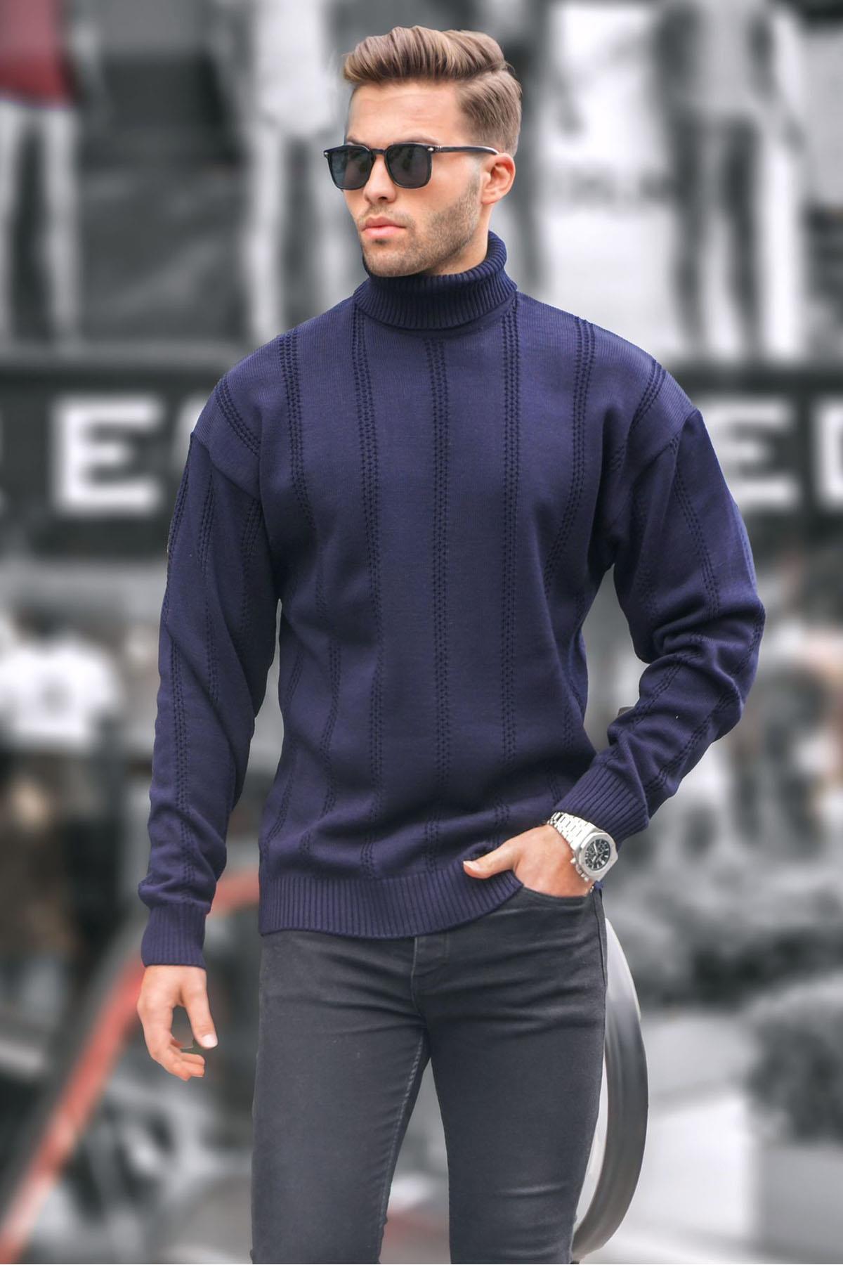 Levně Madmext Men's Navy Blue Turtleneck Regular Fit Sweater 6834