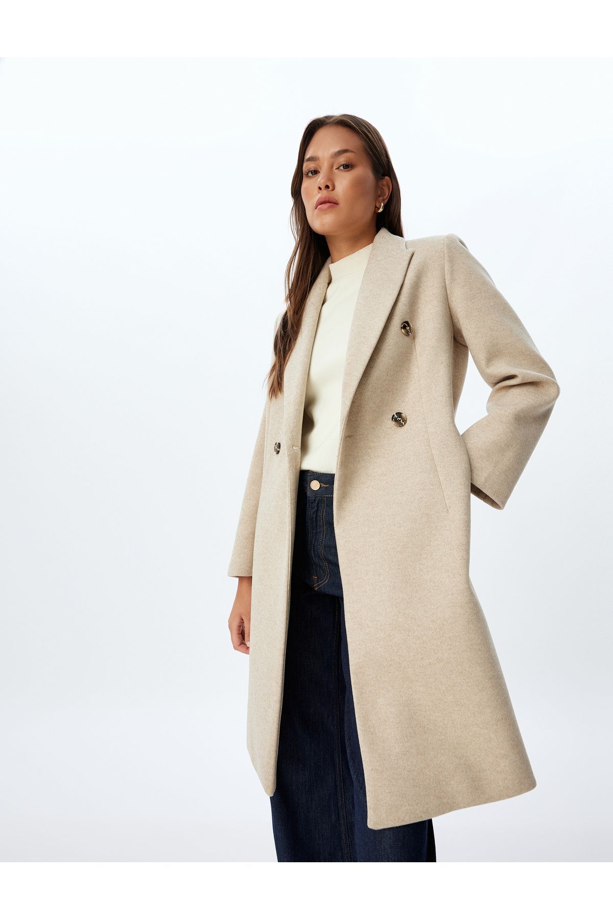Koton Double Breasted Long Cashmere Coat with Hidden Pockets