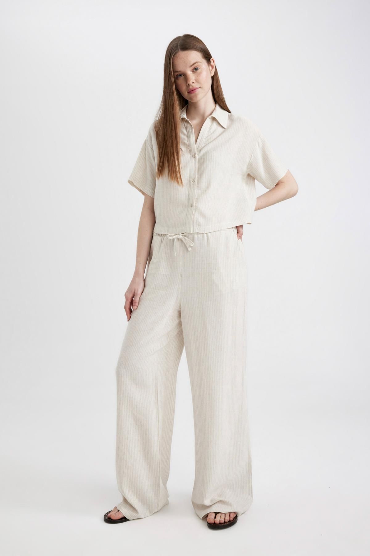 DEFACTO Wide Leg Double Pocket High Waist Standard Length Linen Blend Trousers