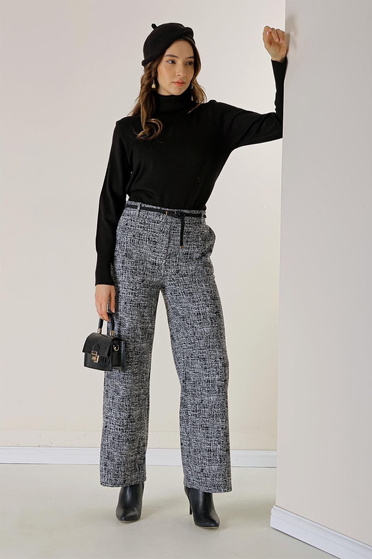 Levně By Saygı Broken Glass Patterned Palazzo Trousers with Elastic Waist Belt and Side Pockets