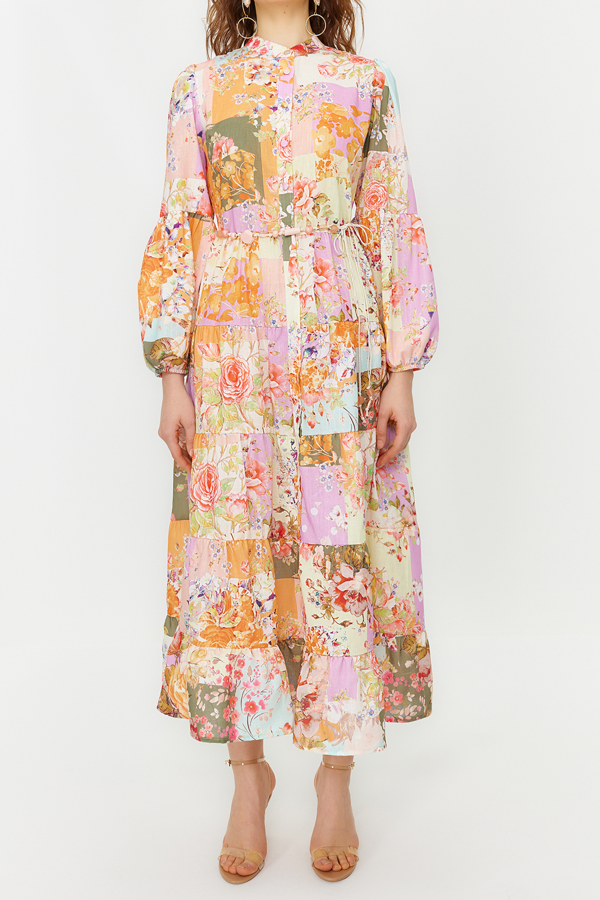 Trendyol Multicolored Floral Patterned Linen Look Woven Dress with Belt Detail