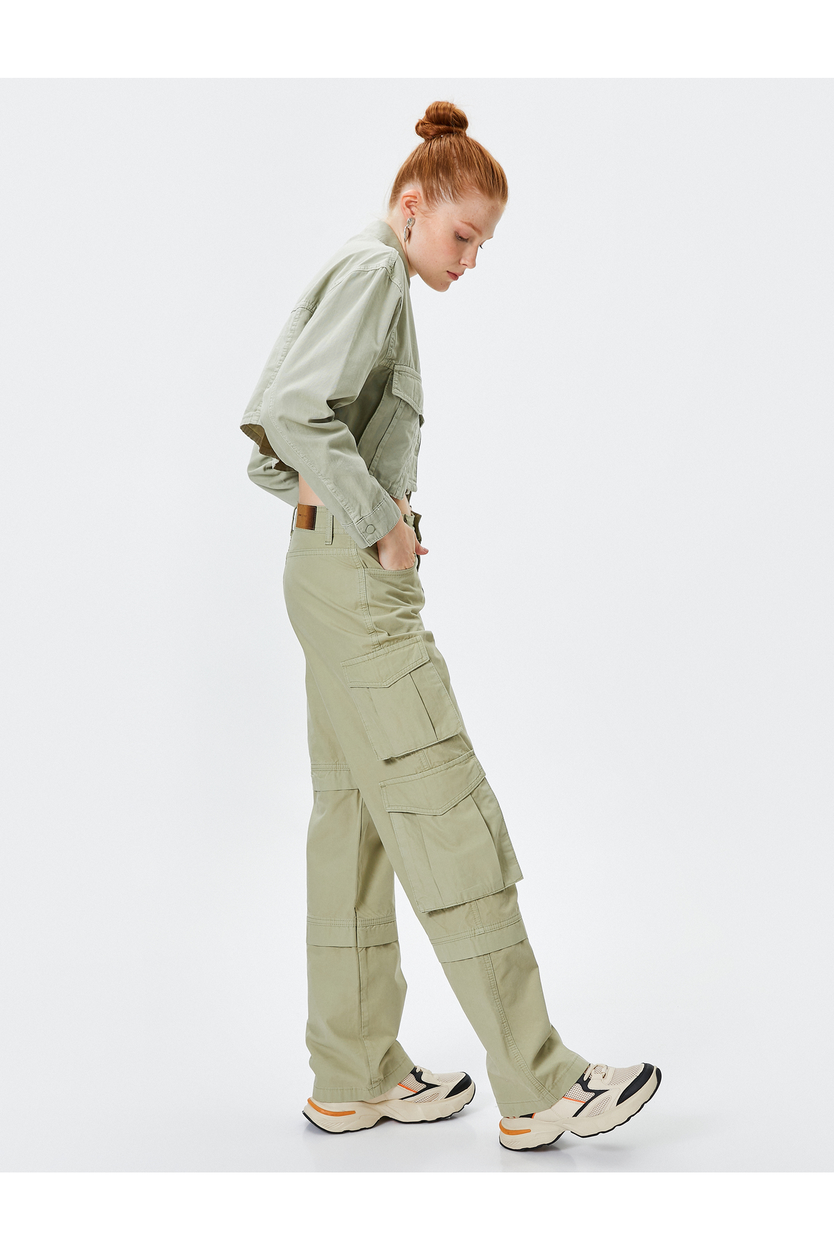 Levně Koton Cargo kalhoty s vysokým pasem rovný dlouhý střih kapsy vrstvená bavlna - Nora Jean