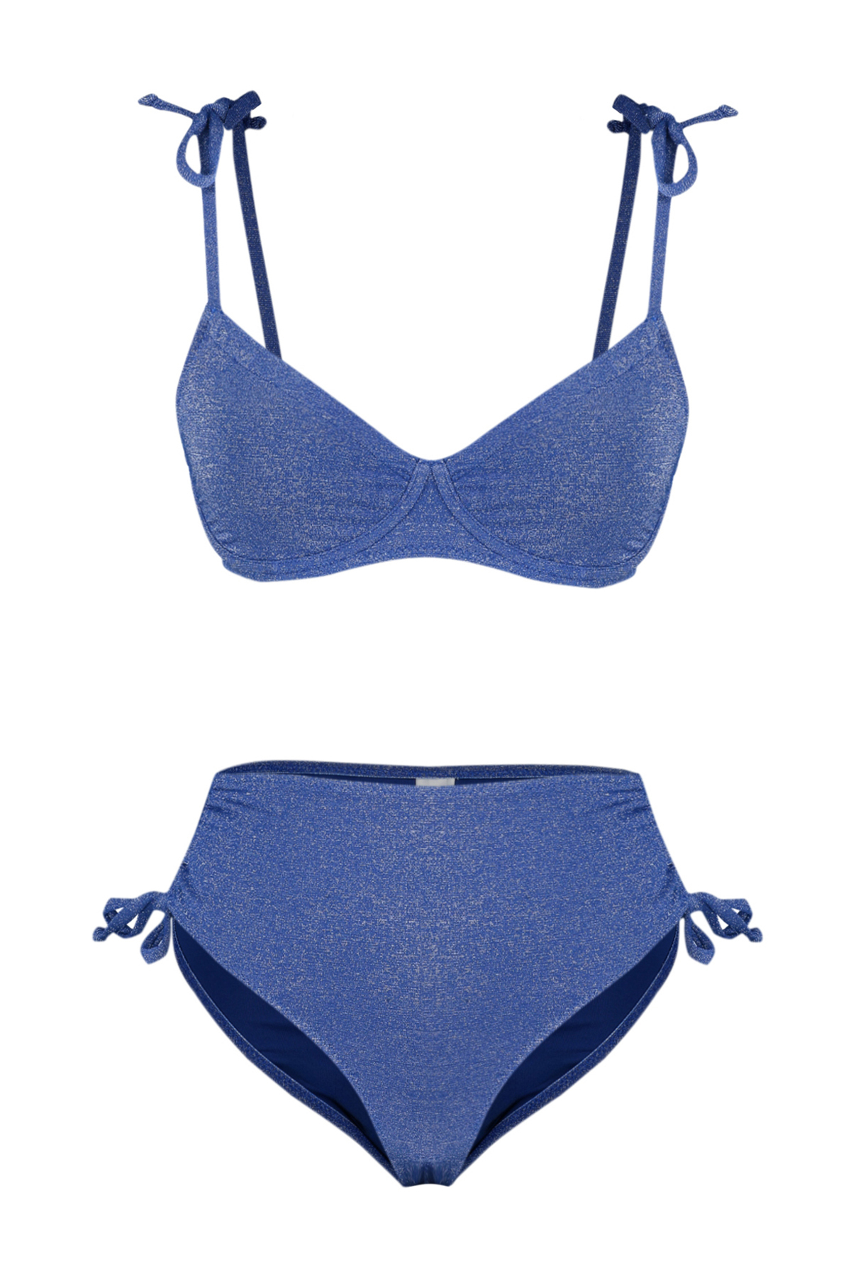 Trendyol Navy Blue Balconette Tie-Up Silvery High Waist Hipster Bikini Set