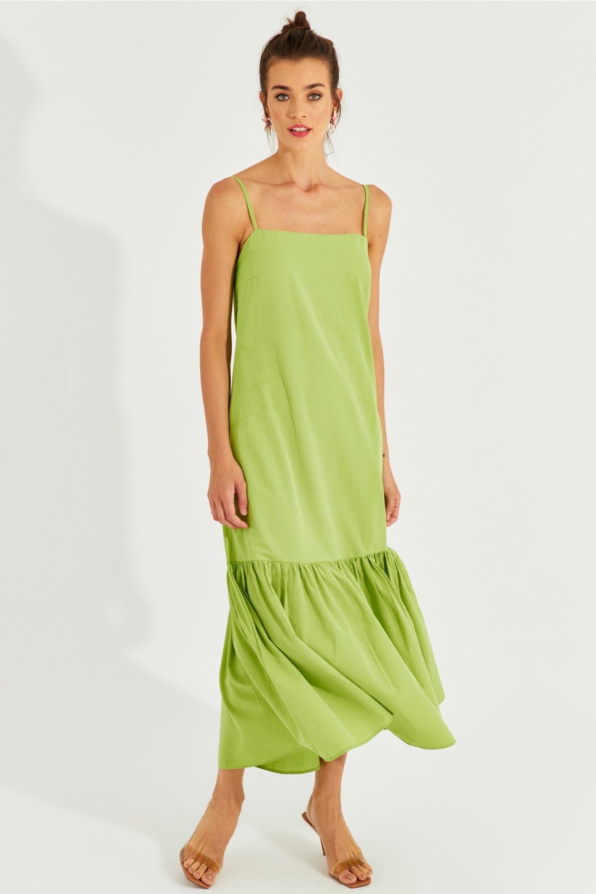 Levně Cool & sexy dámské pistáciově zelená sukně s volánkovým ramínkem midi šaty