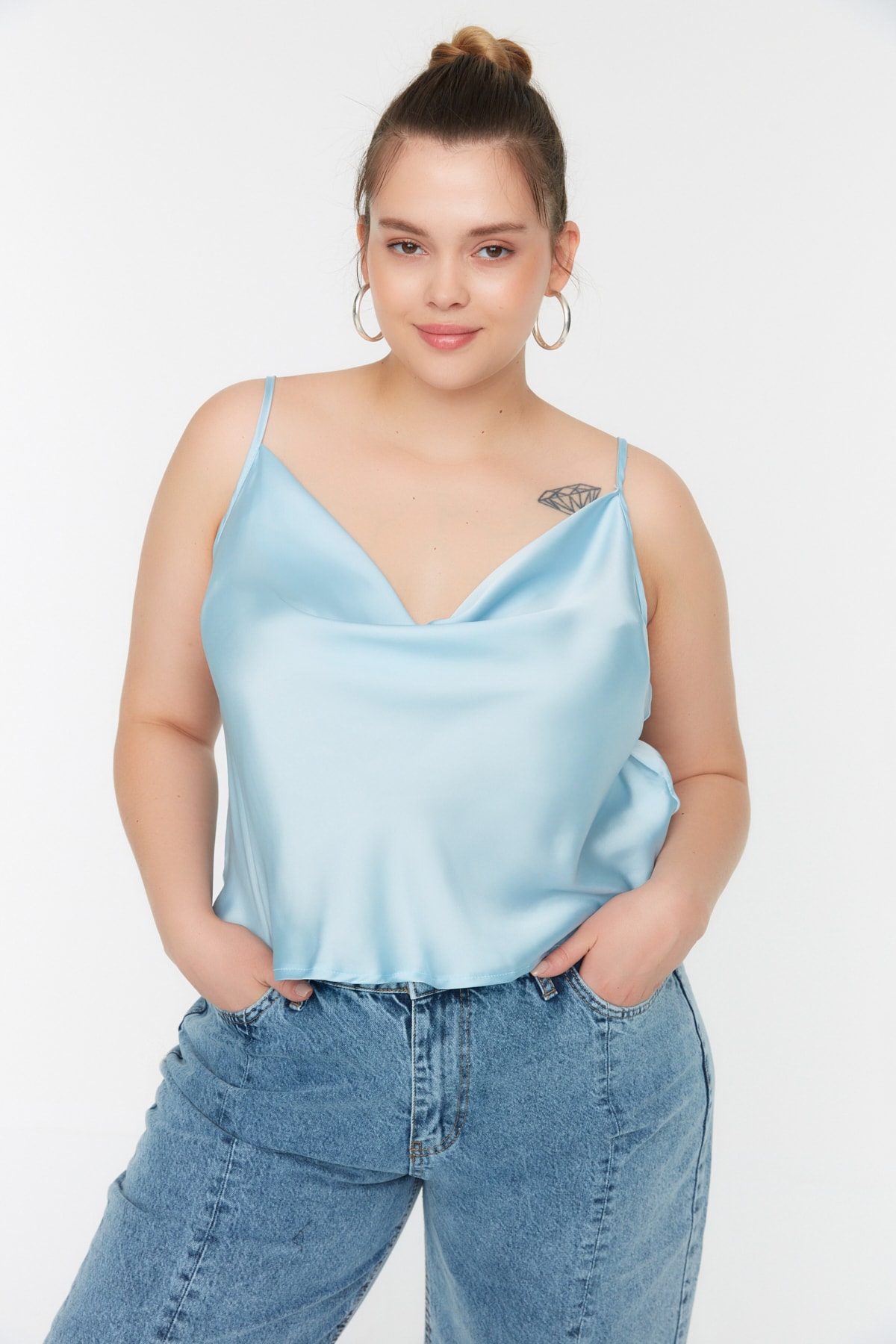 Trendyol Curve Blue Satin Look Blouse with Woven Straps