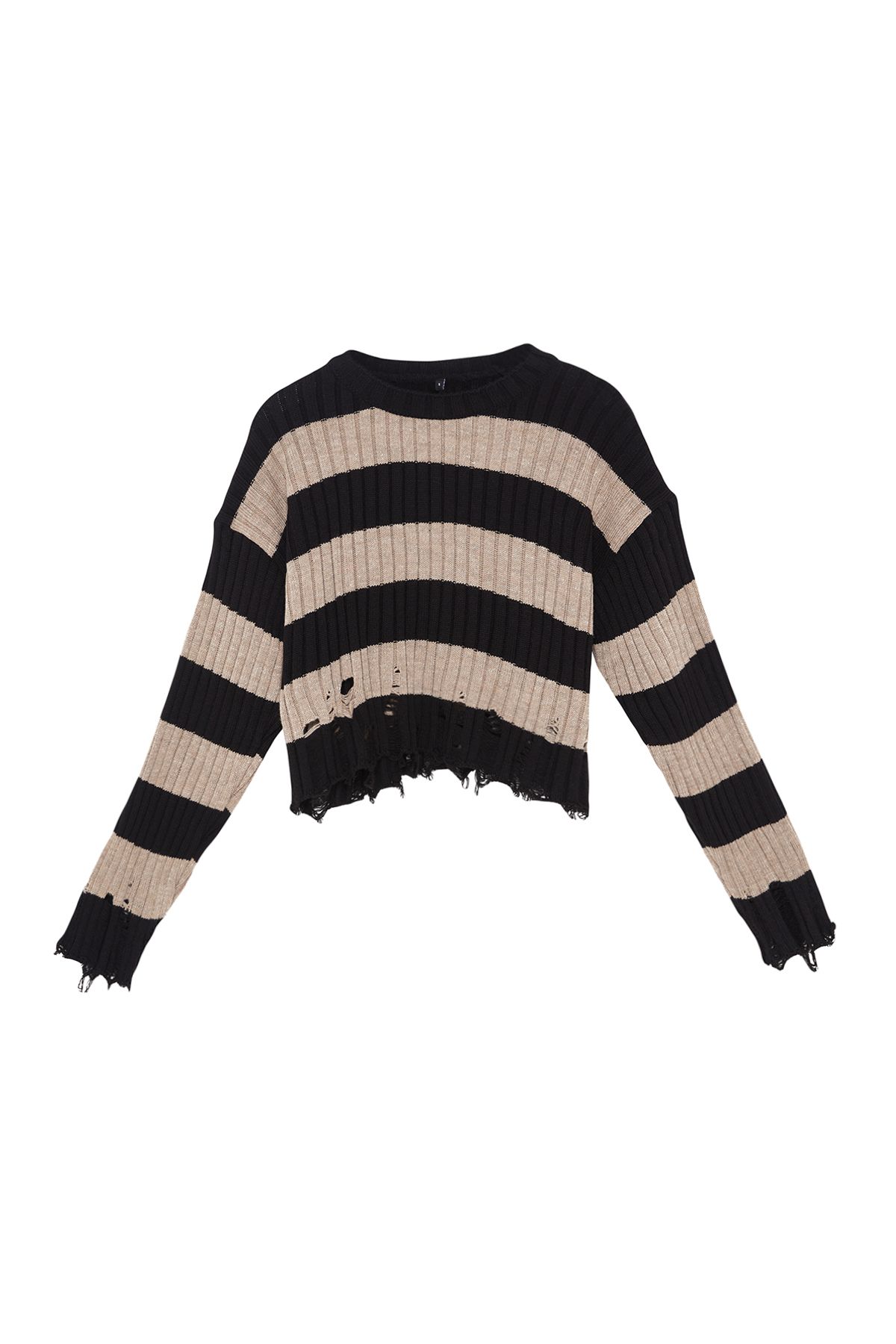 Trendyol Black Crop Wide Fit Striped Knitwear Sweater