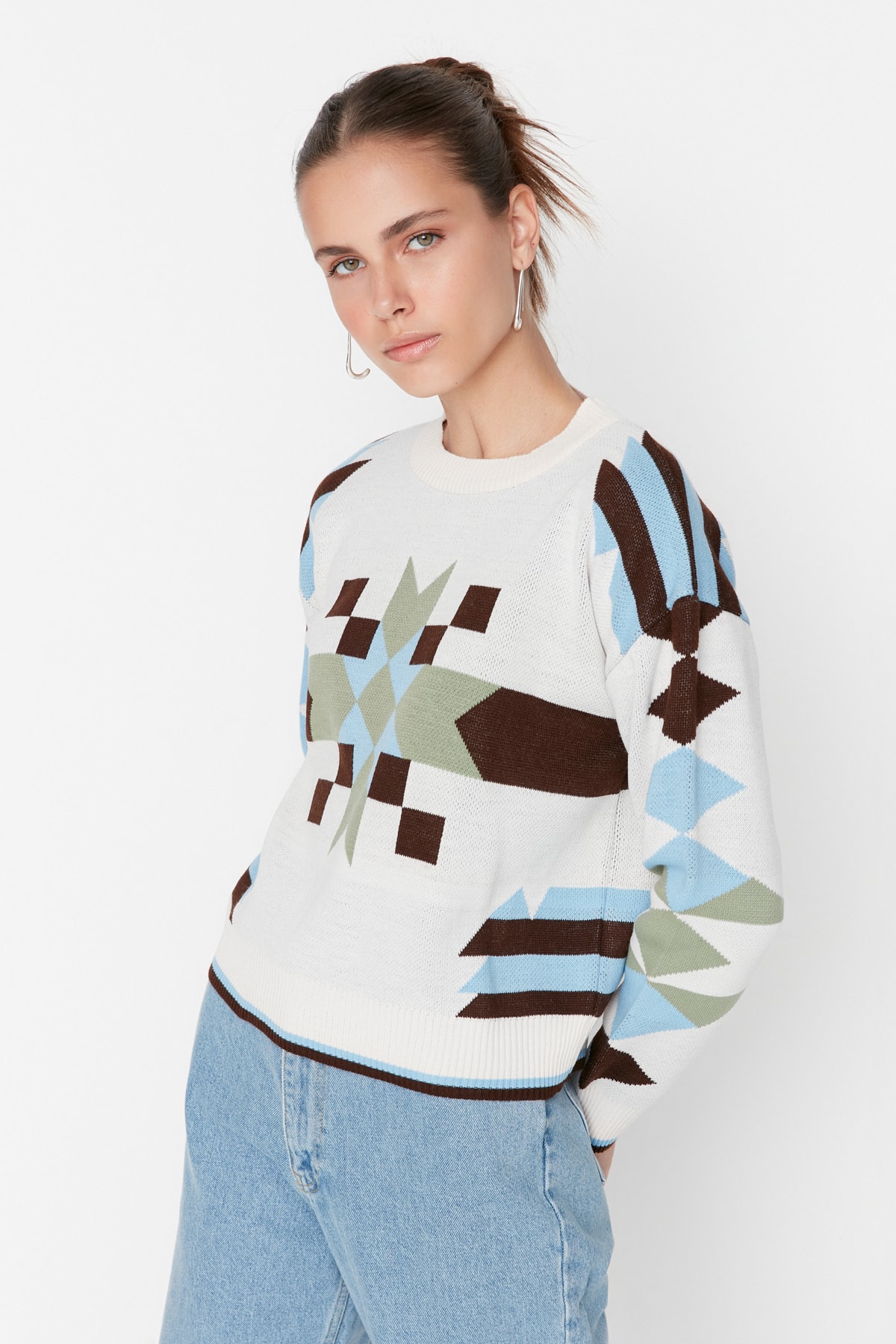 Trendyol Ecru Geometric Jacquard Knitwear Sweater