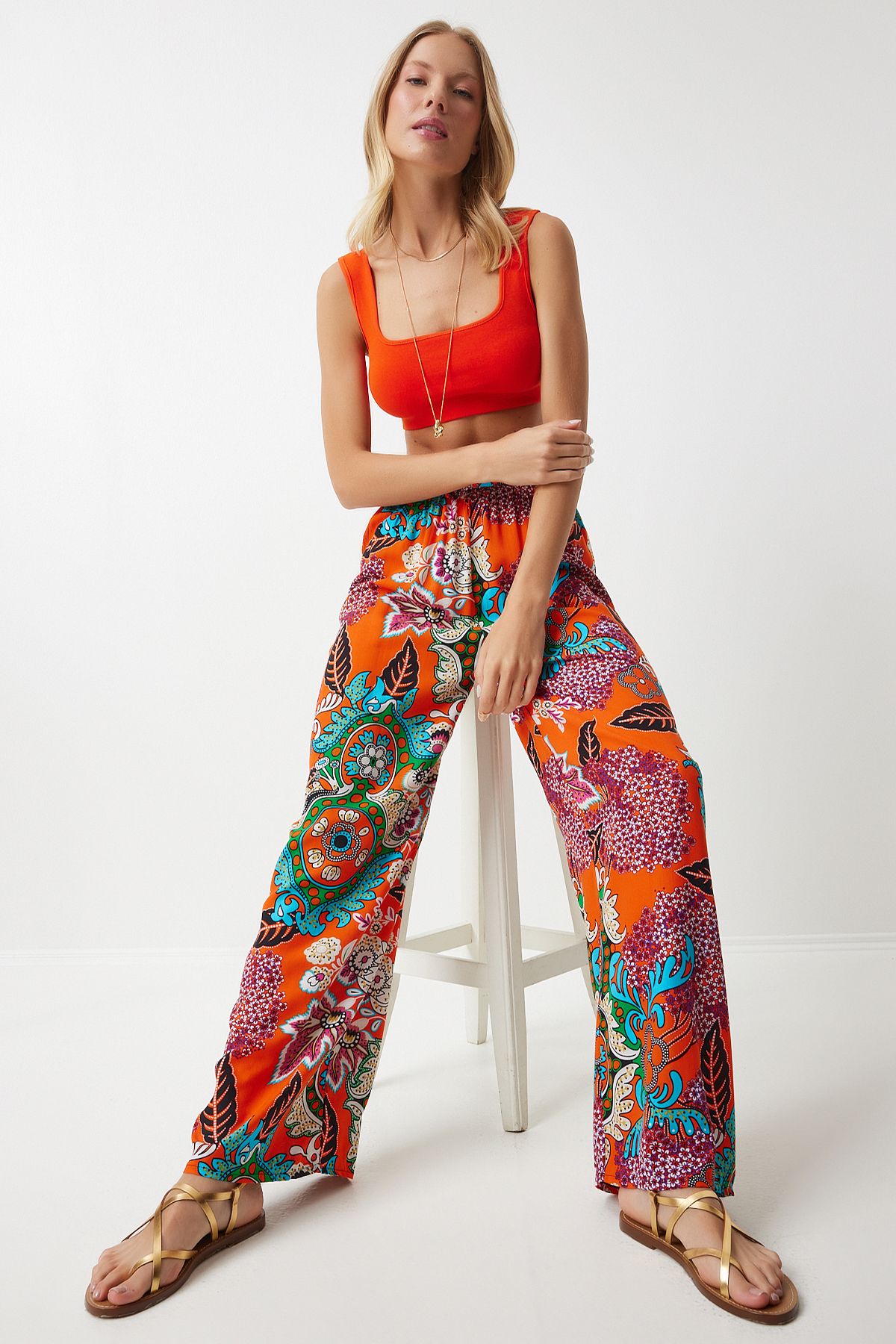 Happiness İstanbul Women's Orange Turquoise Patterned Flowing Viscose Palazzo Trousers