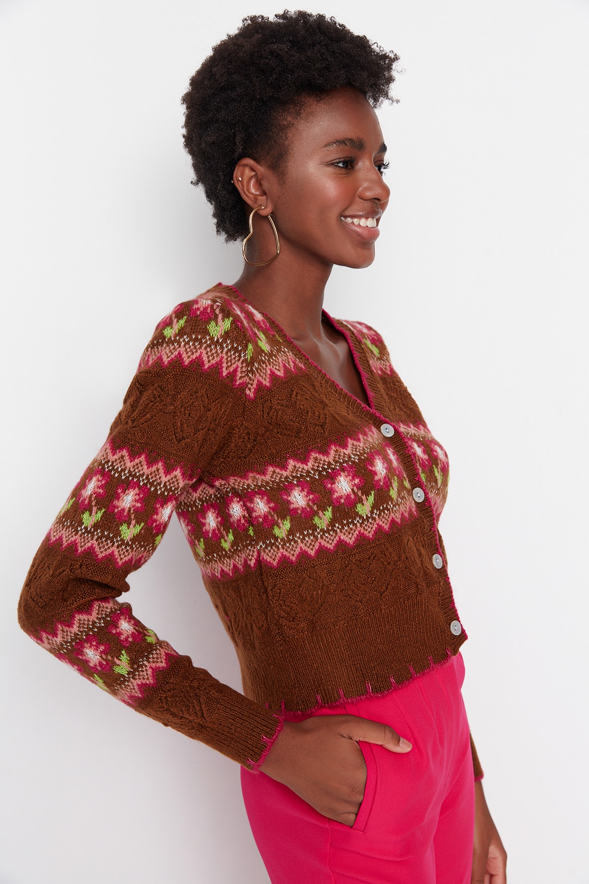 Trendyol Brown Jacquard Knitwear Cardigan